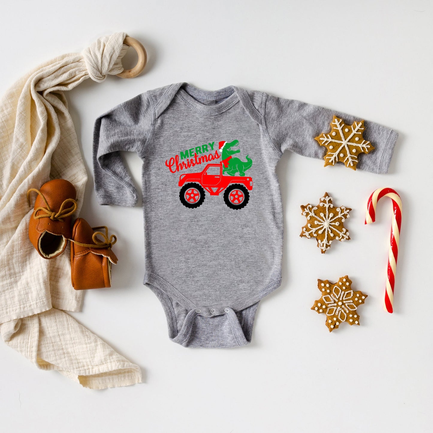 Christmas Dino Truck | Baby Graphic Long Sleeve Bodysuit