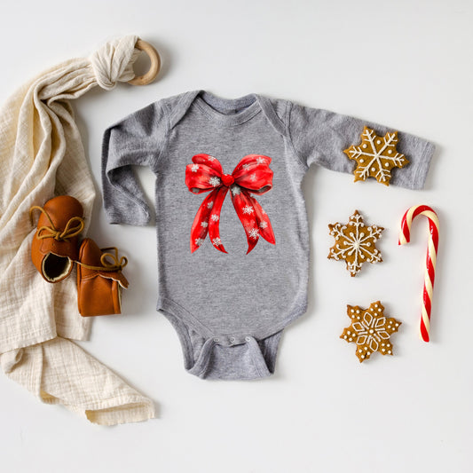 Coquette Christmas Snowflake Bow | Baby Graphic Long Sleeve Bodysuit