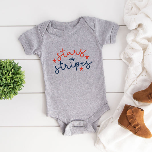 Patriotic Stars and Stripes Cursive | Baby Graphic Short Sleeve Bodysuit