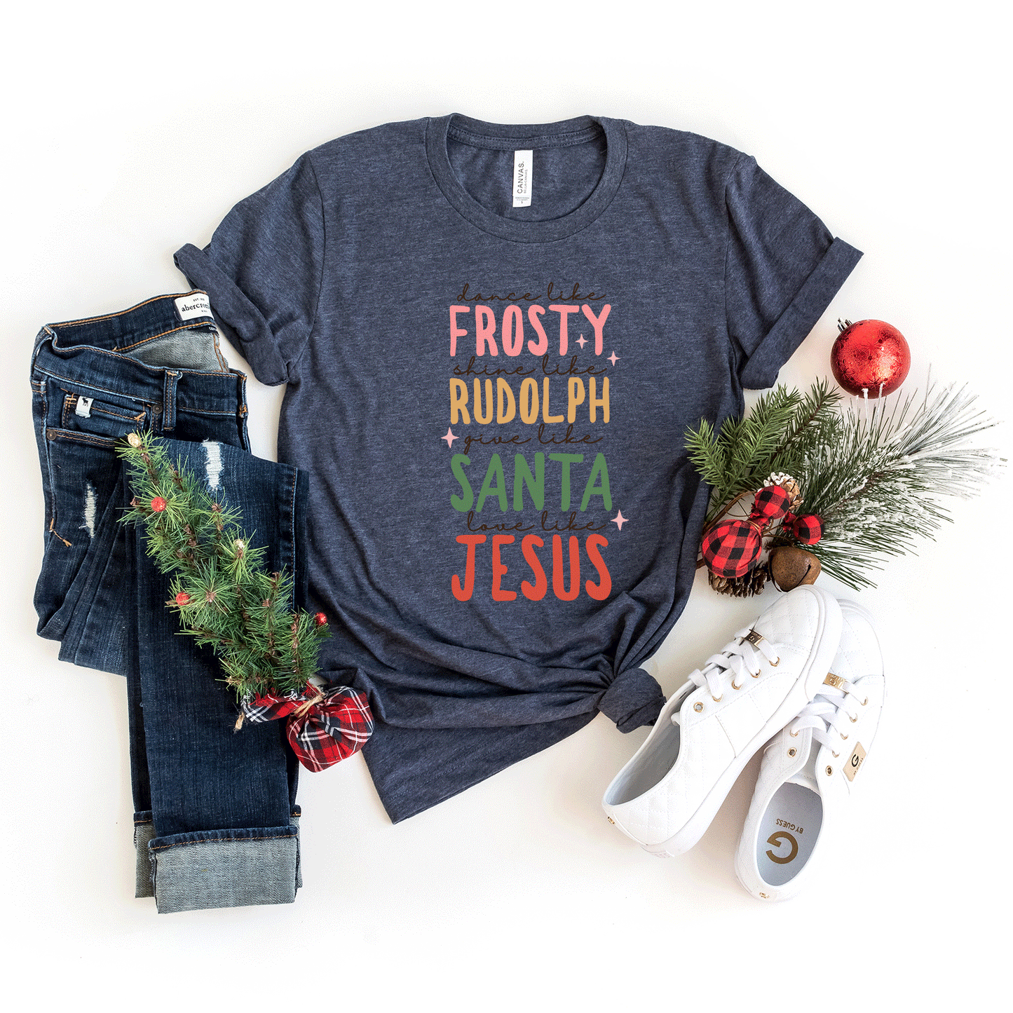 Frosty Rudolph Santa Jesus | Short Sleeve Graphic Tee