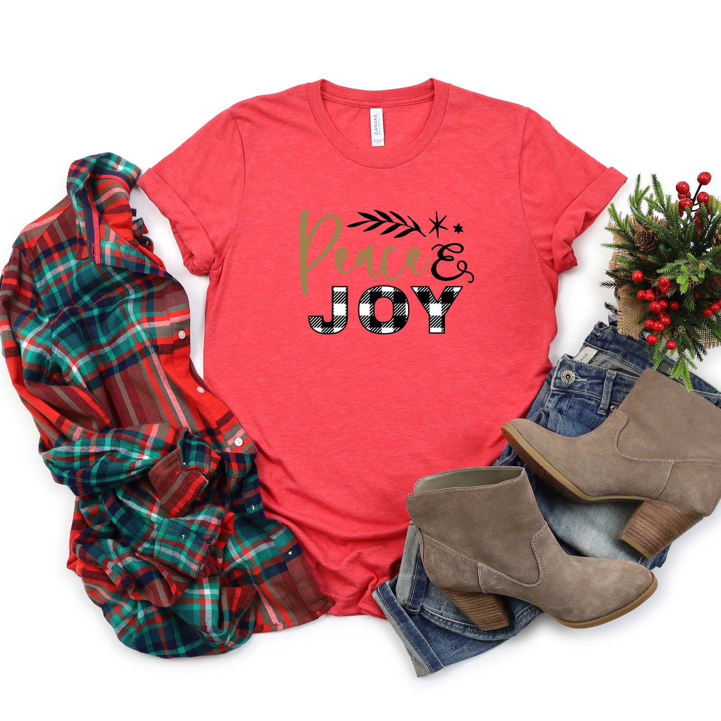 Plaid Peace and Joy | Short Sleeve Crew Neck