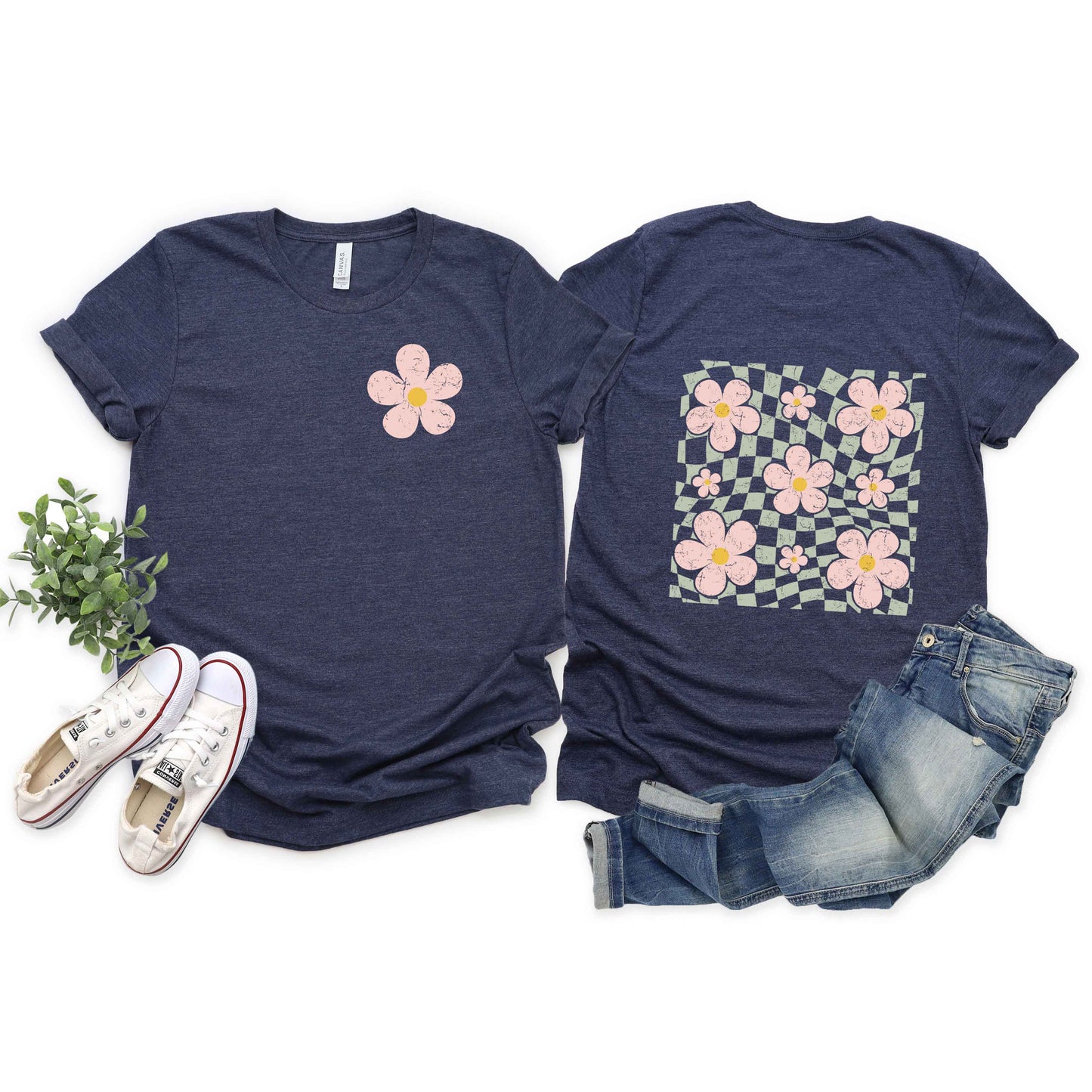 Wavy Checkered Flowers | Short Sleeve Crew Neck