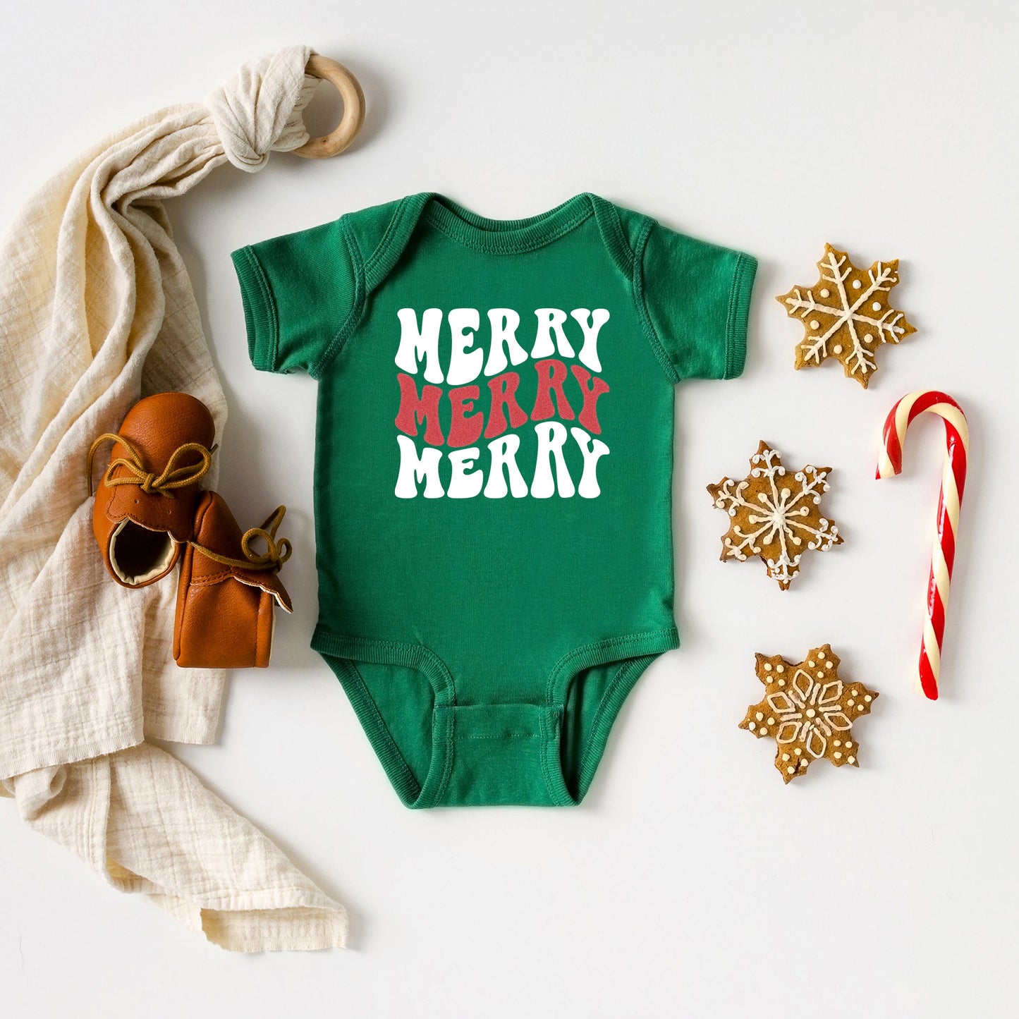Merry Stacked Wavy Glitter | Baby Graphic Short Sleeve Bodysuit
