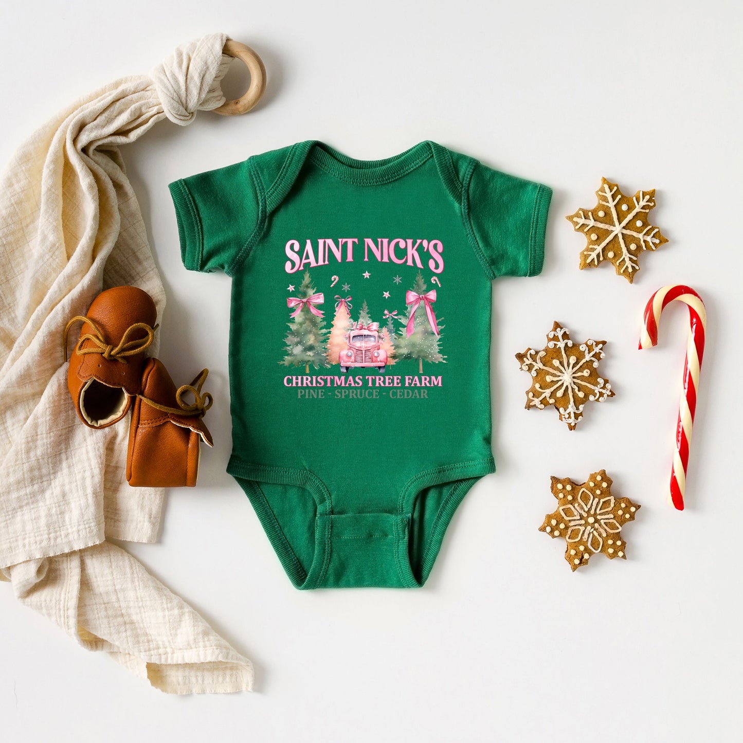 Coquette St. Nick's Tree Farm | Baby Graphic Short Sleeve Bodysuit