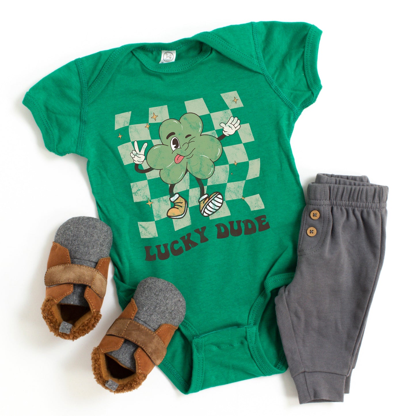 Lucky Dude Checkered | Baby Graphic Short Sleeve Bodysuit