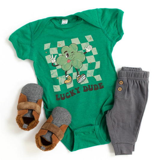 Lucky Dude Checkered | Baby Graphic Short Sleeve Bodysuit