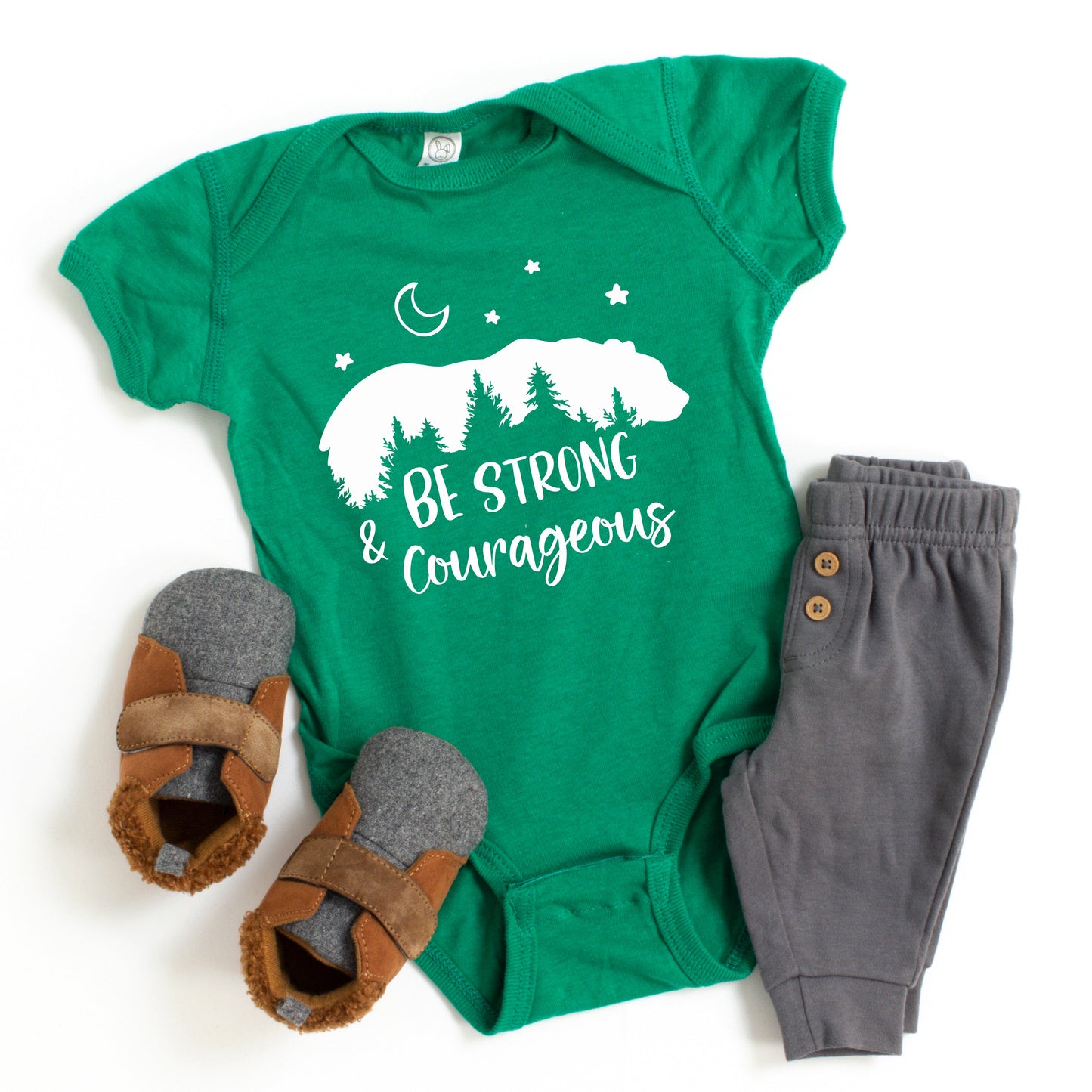 Be Strong And Courageous Bear Trees | Baby Graphic Short Sleeve Bodysuit