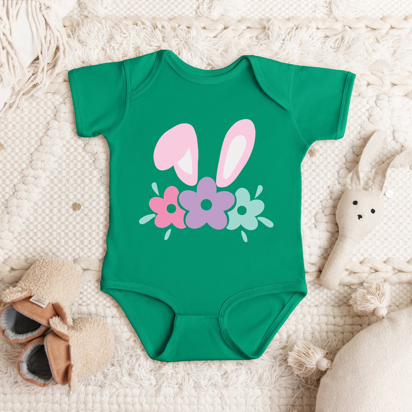 Bunny Ears With Flowers | Baby Graphic Short Sleeve Bodysuit
