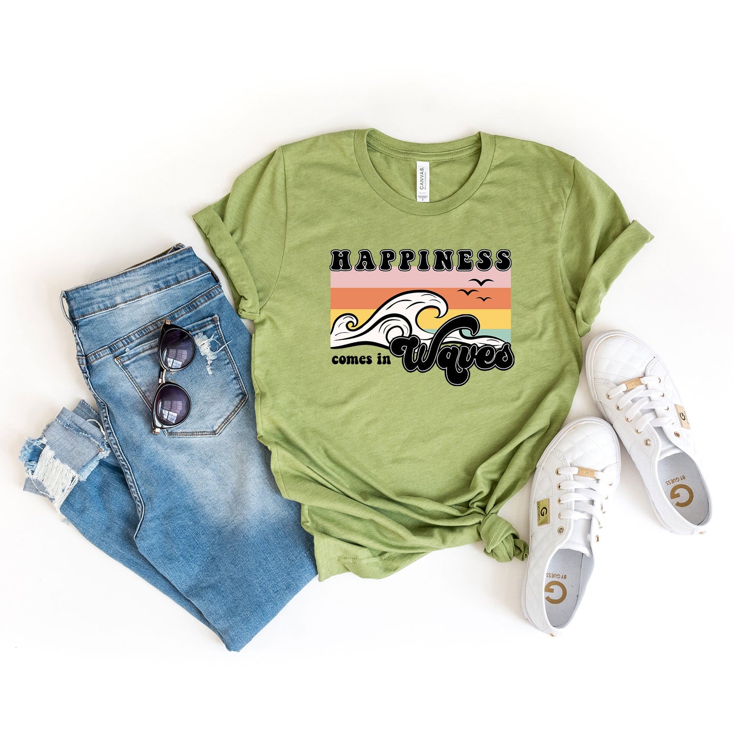 Happiness Comes In Waves Stripes | Short Sleeve Graphic Tee