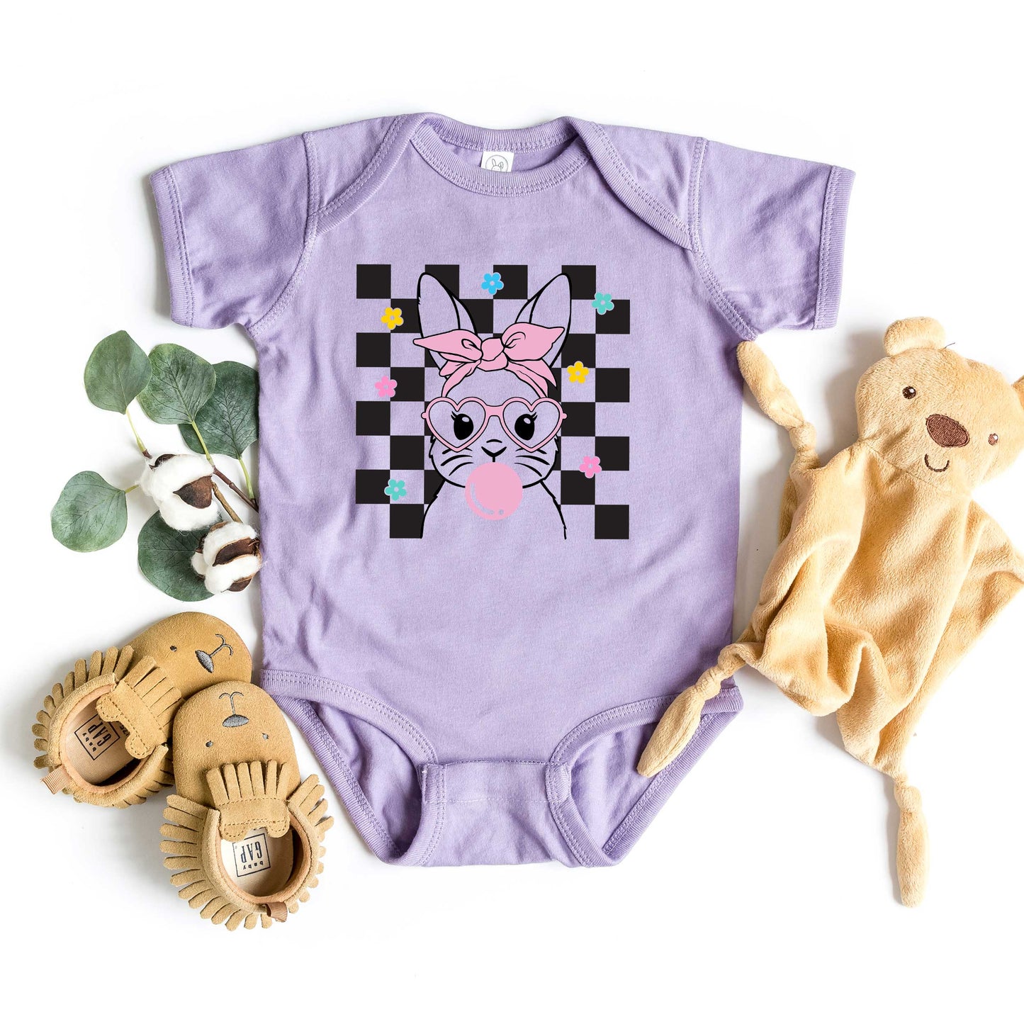 Checkered Groovy Bunny | Baby Graphic Short Sleeve Bodysuit