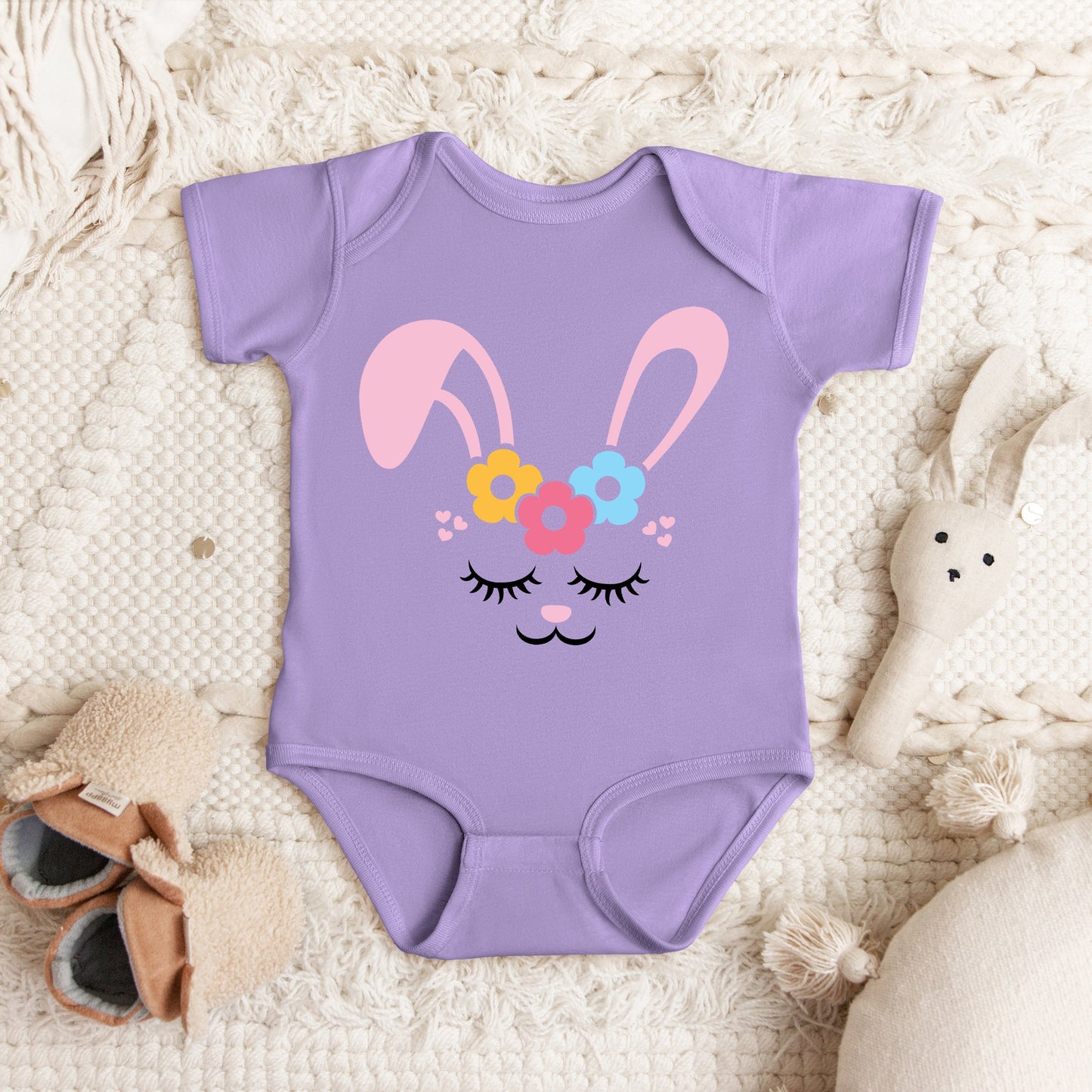Bunny Face With Flowers | Baby Graphic Short Sleeve Bodysuit