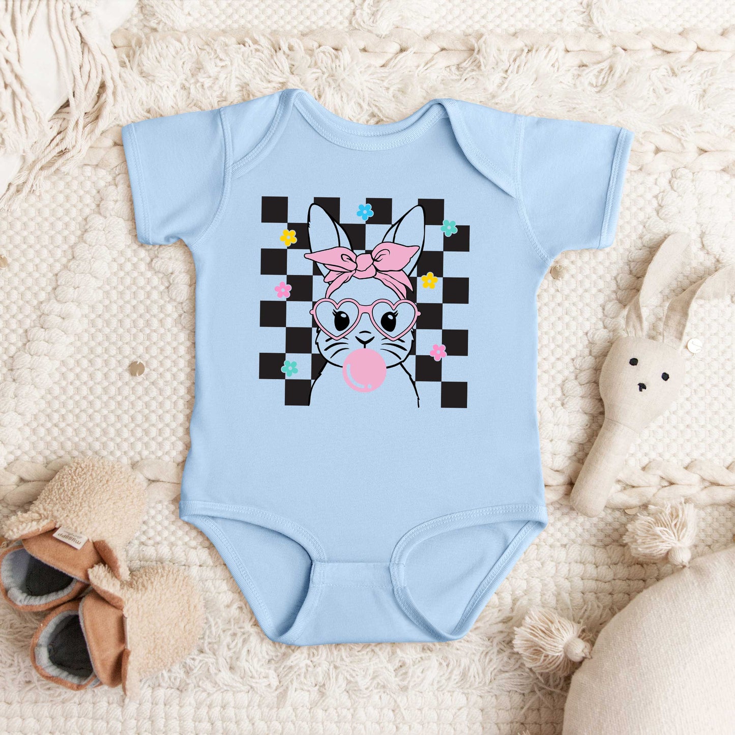 Checkered Groovy Bunny | Baby Graphic Short Sleeve Bodysuit