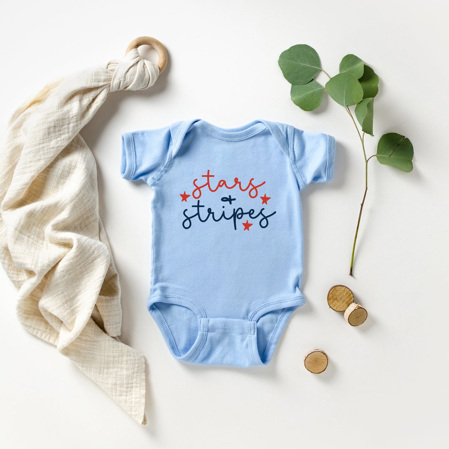 Patriotic Stars and Stripes Cursive | Baby Graphic Short Sleeve Bodysuit