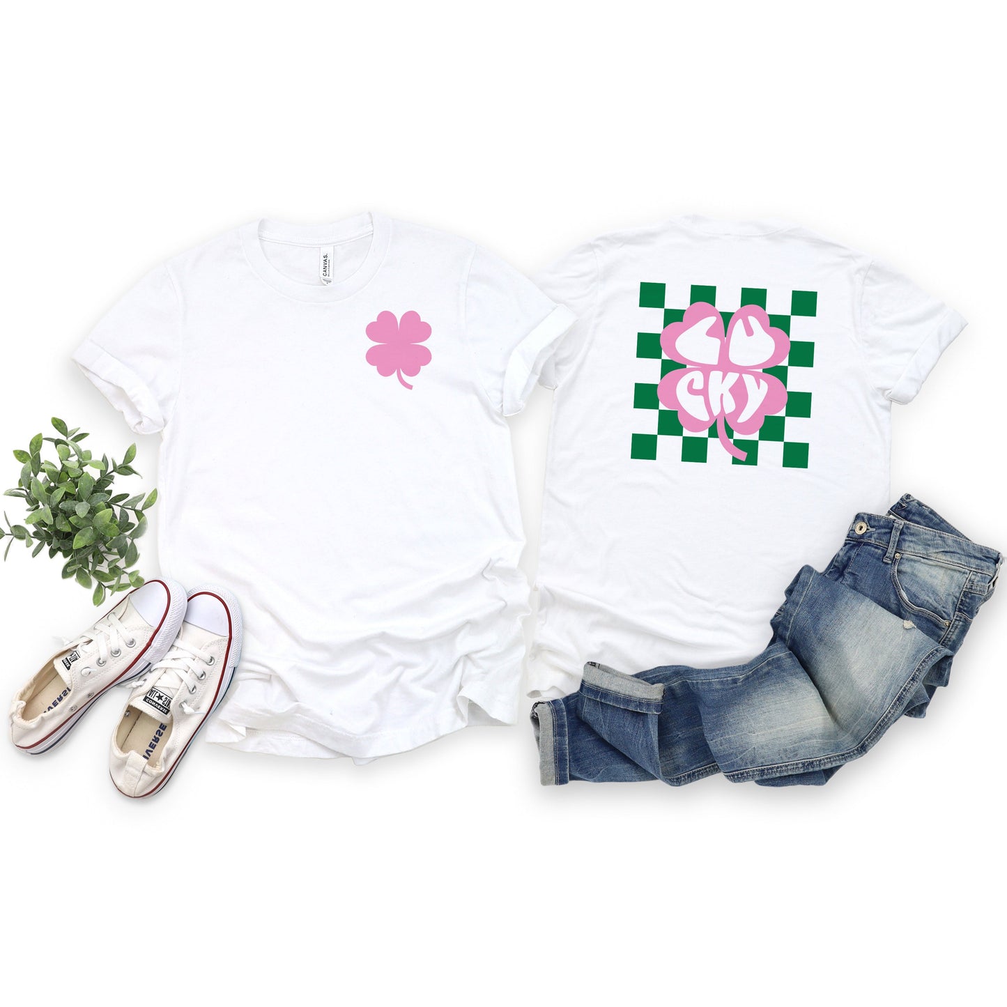 Lucky Clover Checkered | Front & Back Short Sleeve Graphic Tee