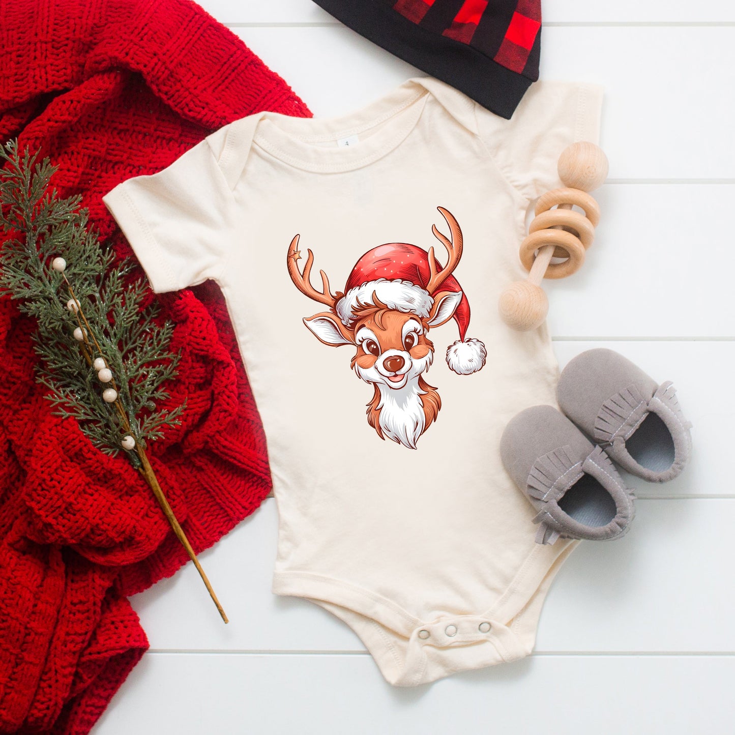 Cute Reindeer Head | Baby Graphic Short Sleeve Bodysuit