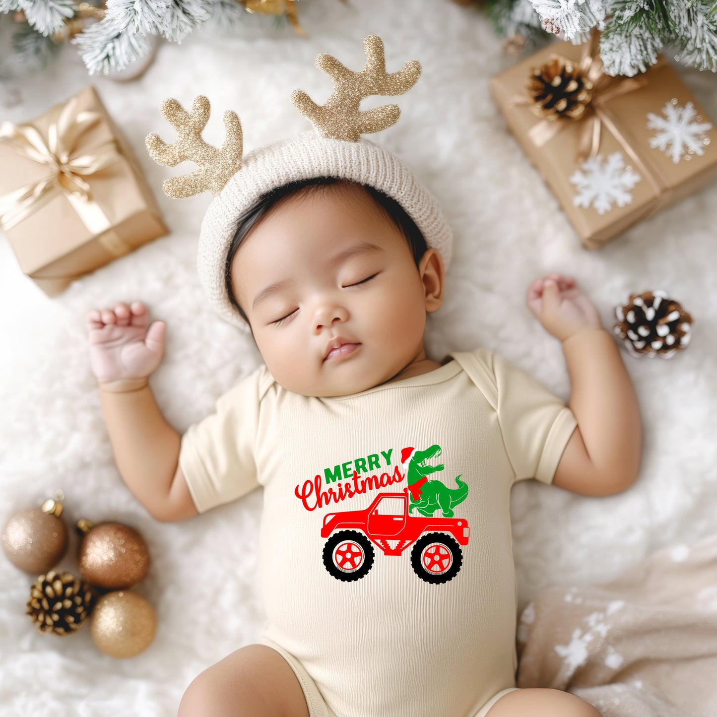 Christmas Dino Truck | Baby Graphic Short Sleeve Bodysuit