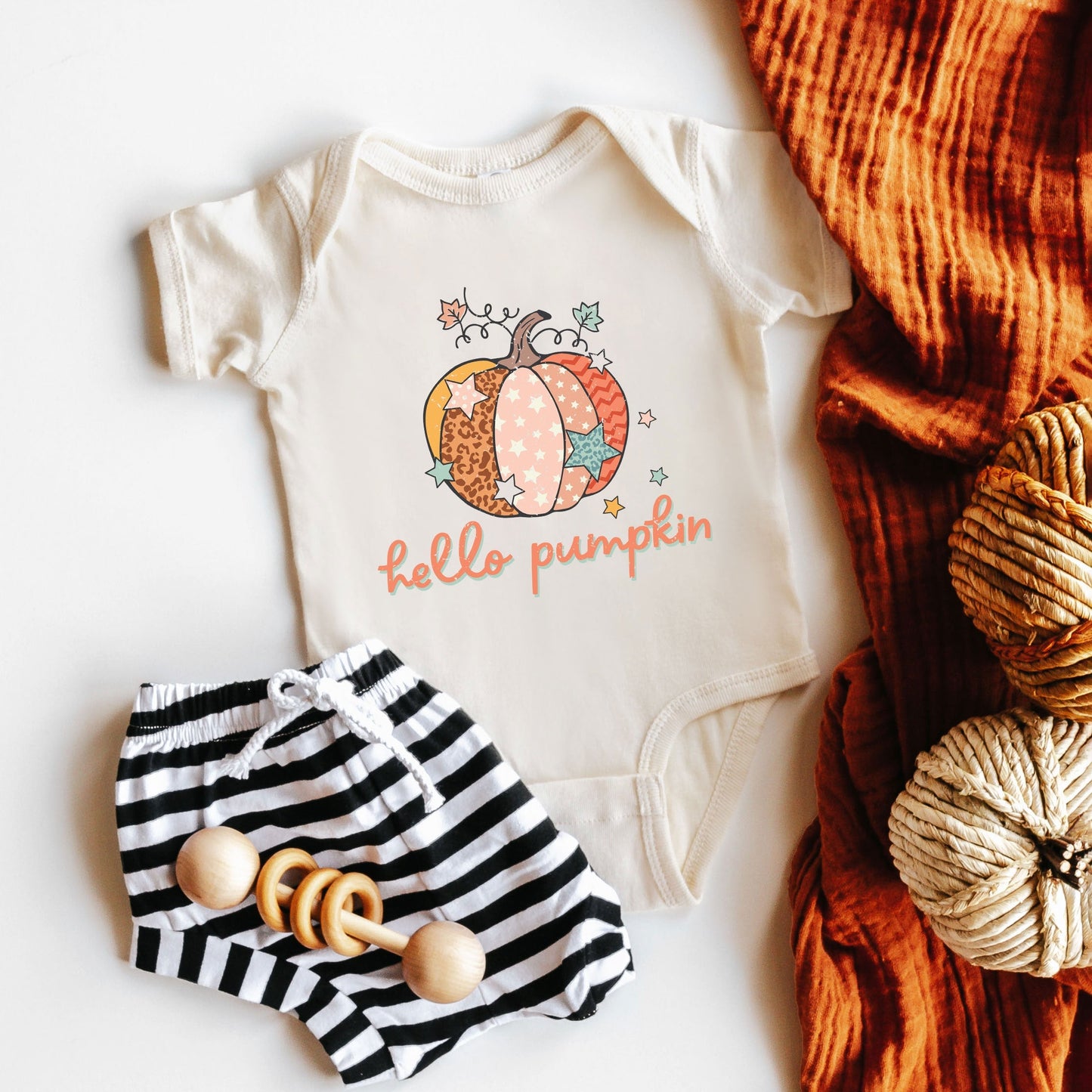 Hello Pumpkin Colorful Stars | Baby Graphic Short Sleeve Bodysuit