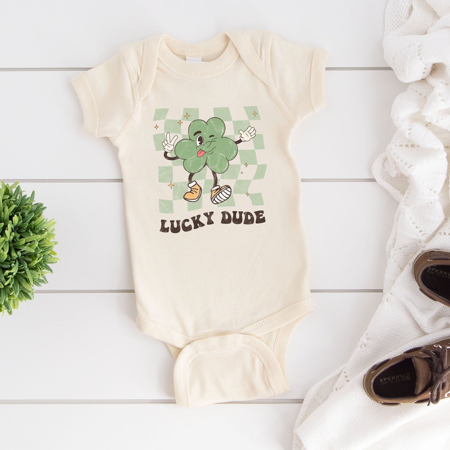 Lucky Dude Checkered | Baby Graphic Short Sleeve Bodysuit