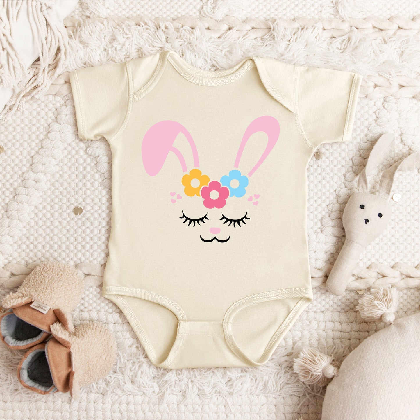 Bunny Face With Flowers | Baby Graphic Short Sleeve Bodysuit