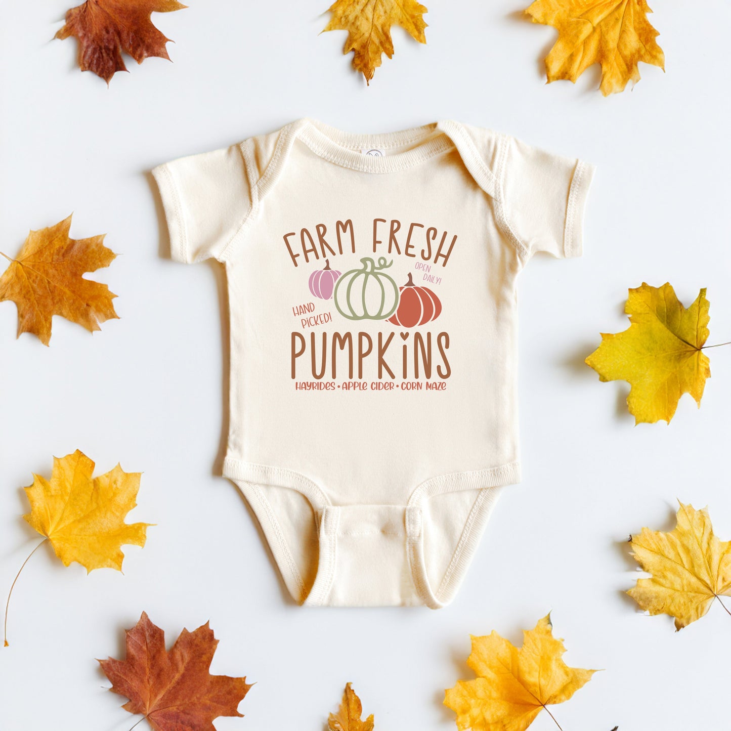 Colorful Farm Fresh Pumpkins | Baby Graphic Short Sleeve Bodysuit
