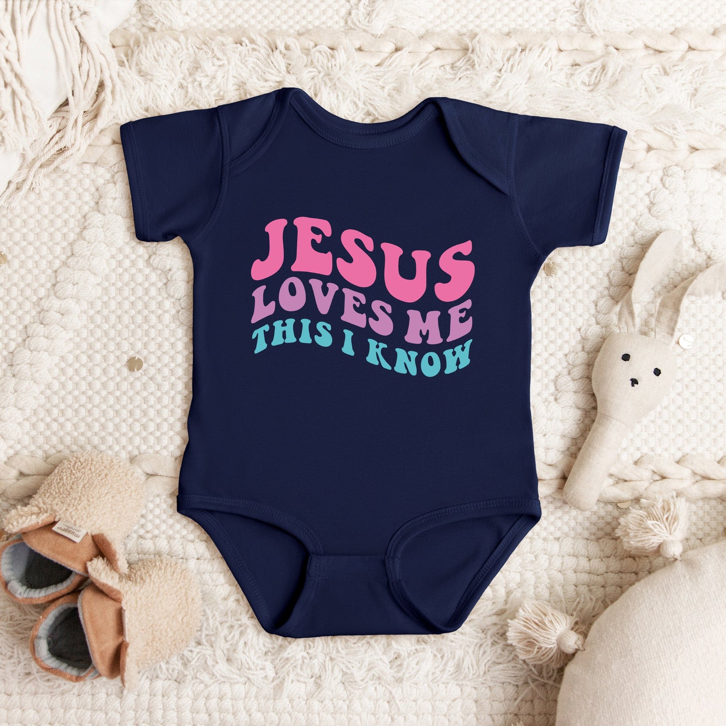 Jesus Loves Me This I Know Wavy | Baby Graphic Short Sleeve Bodysuit
