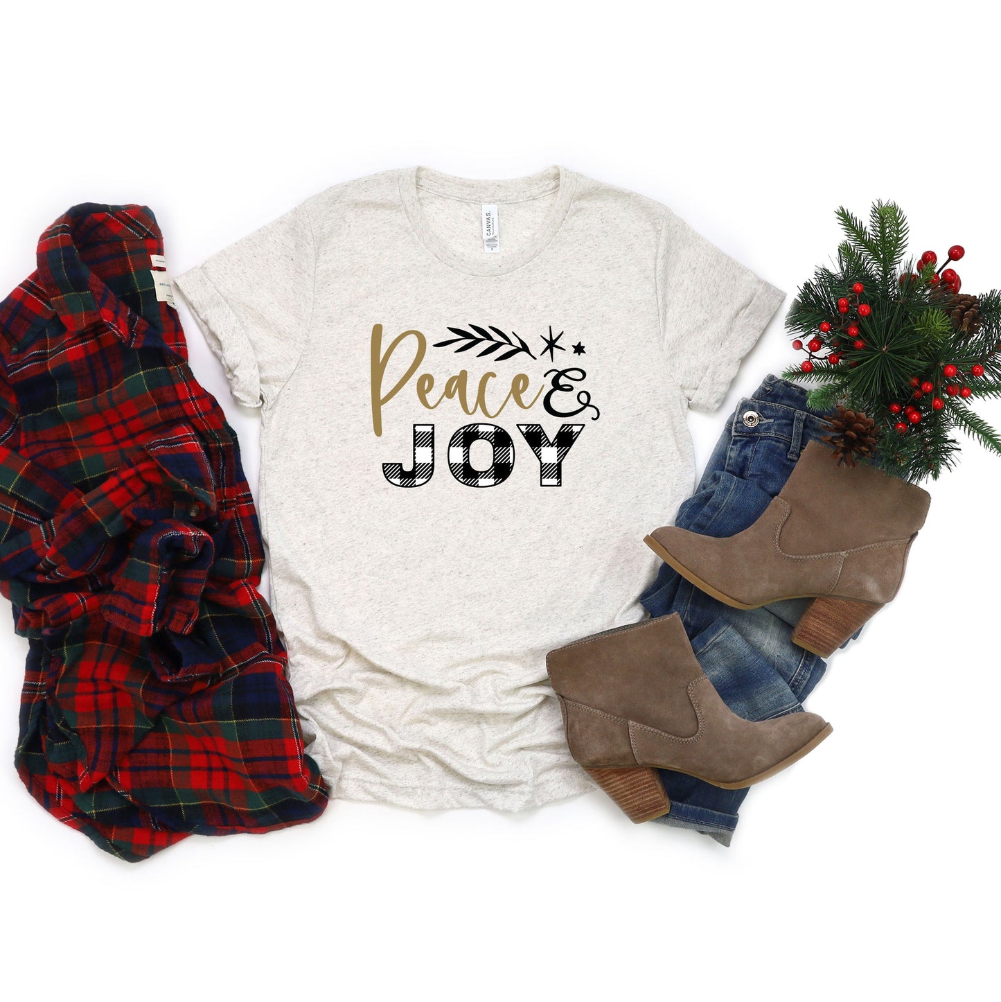 Plaid Peace and Joy | Short Sleeve Crew Neck