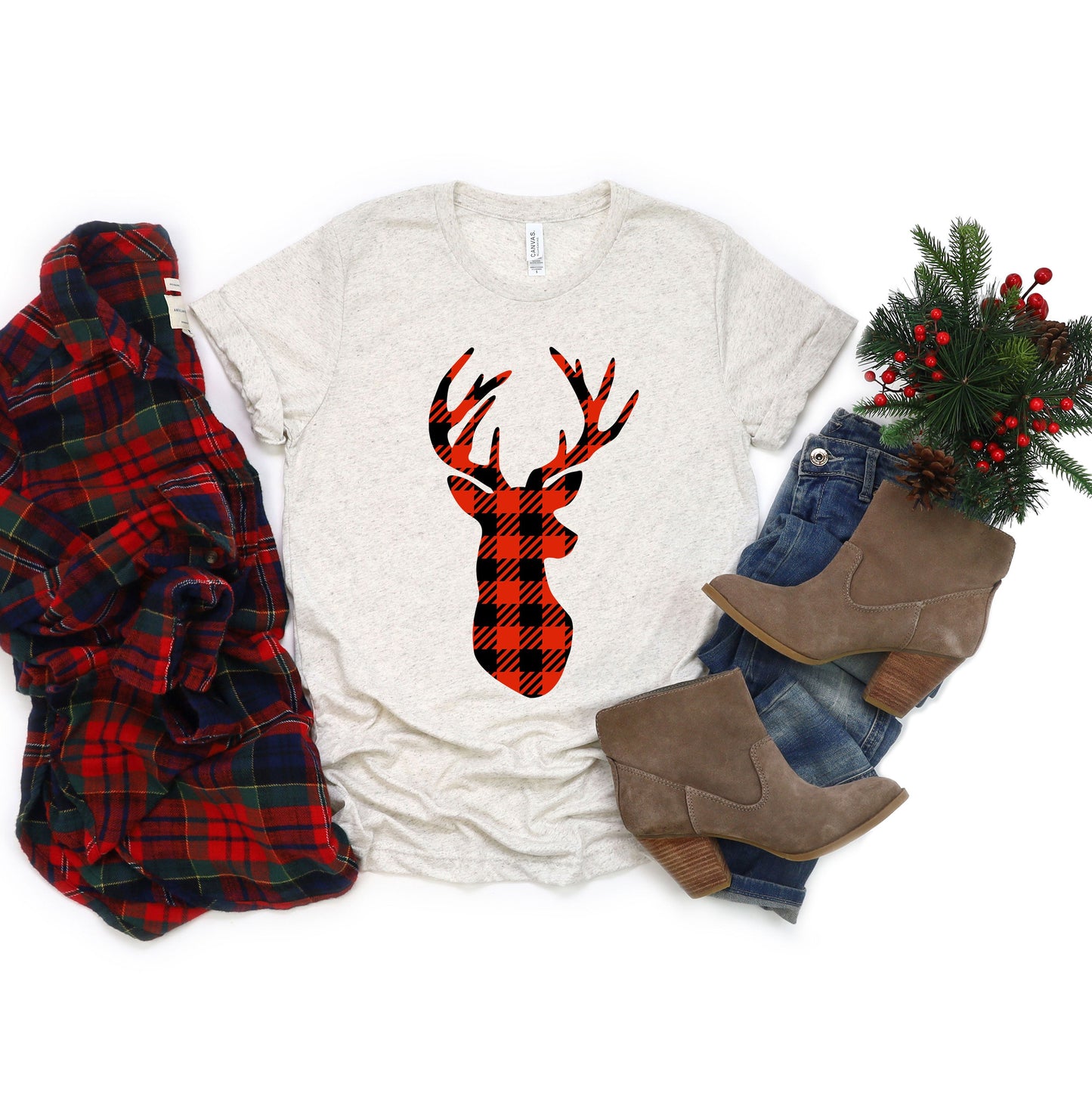 Buffalo Plaid Reindeer | Short Sleeve Graphic Tee