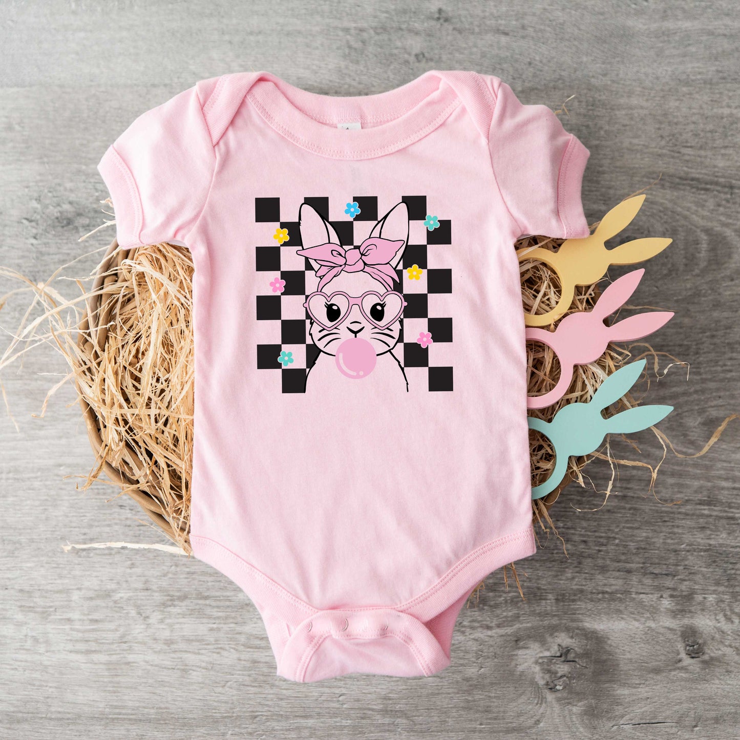 Checkered Groovy Bunny | Baby Graphic Short Sleeve Bodysuit