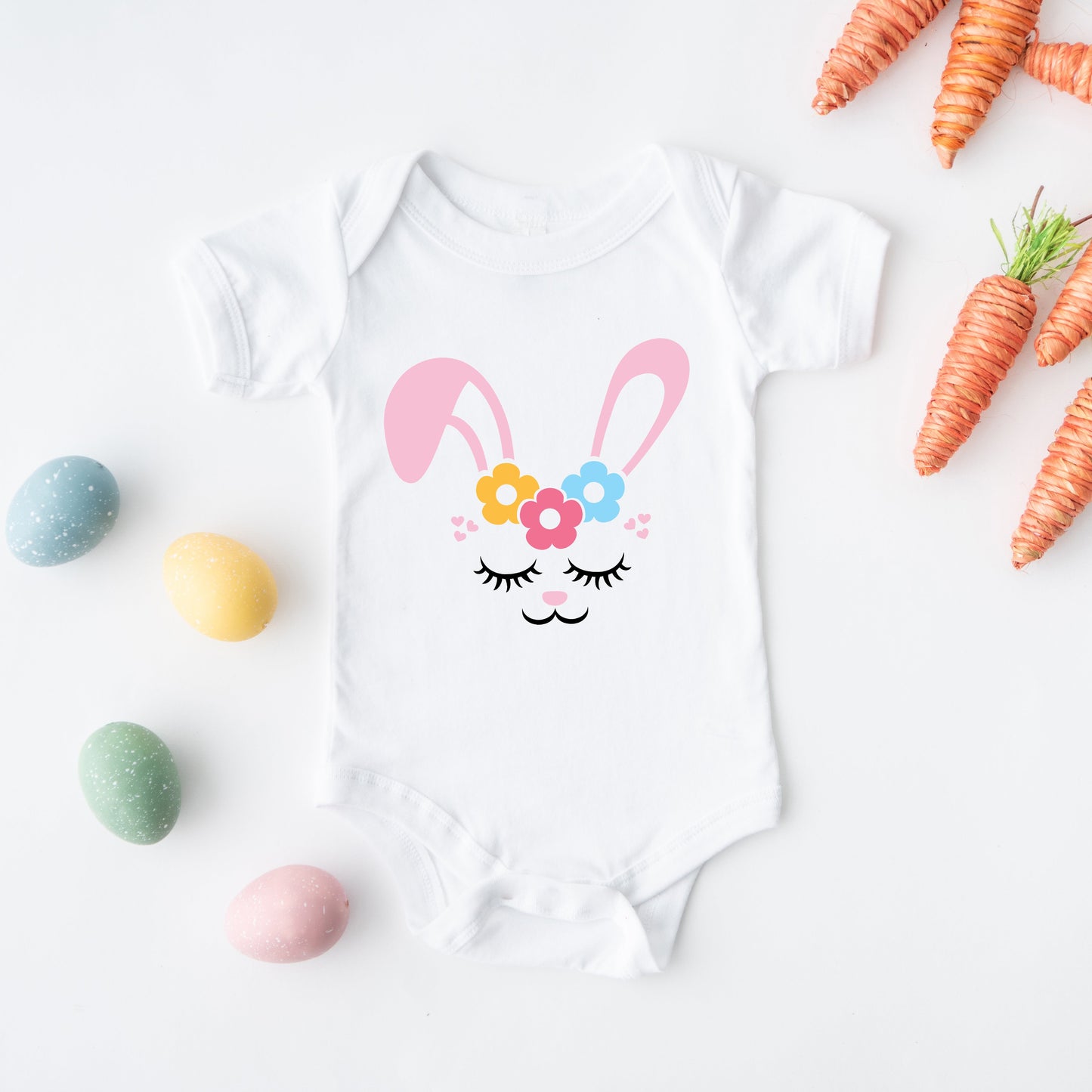 Bunny Face With Flowers | Baby Graphic Short Sleeve Bodysuit