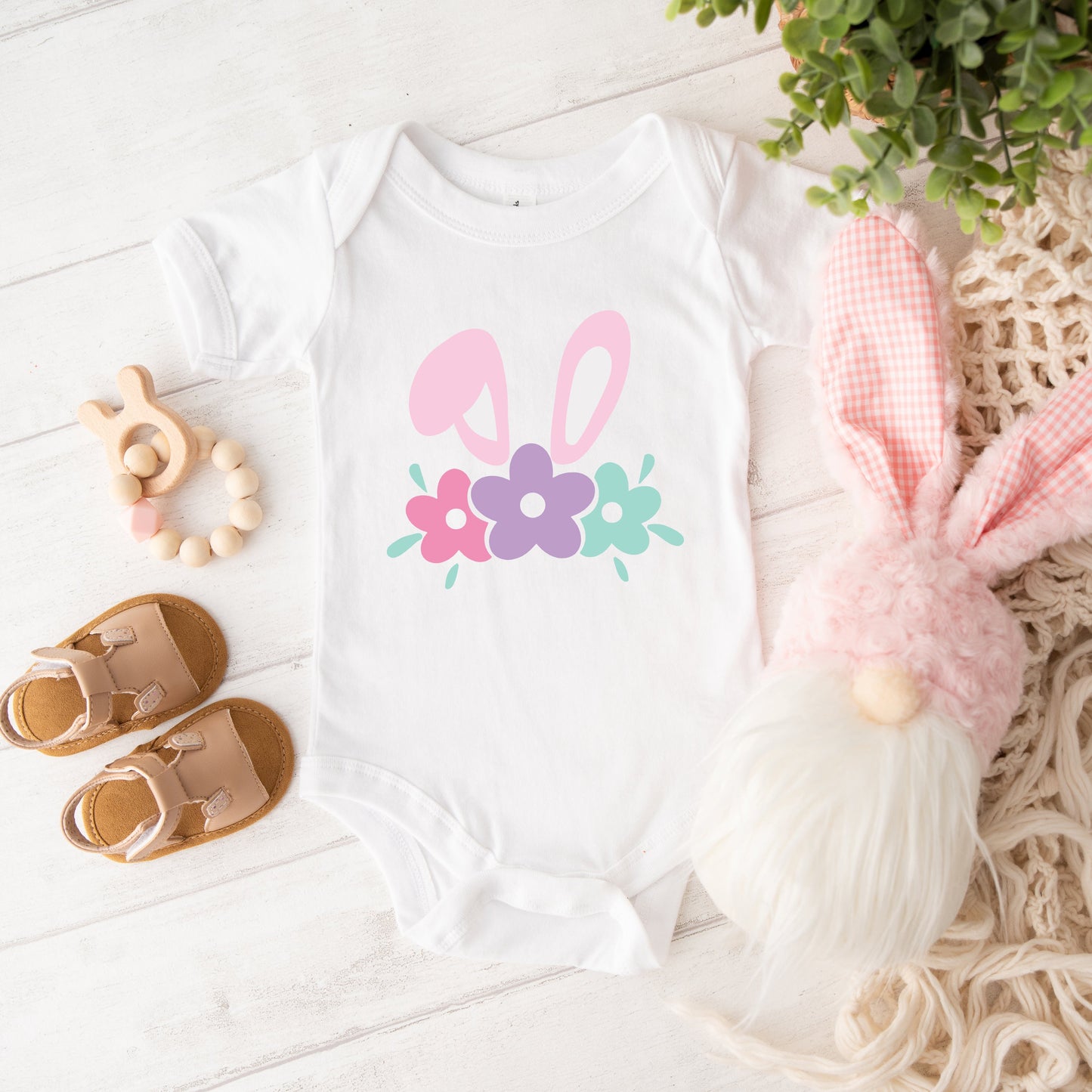 Bunny Ears With Flowers | Baby Graphic Short Sleeve Bodysuit