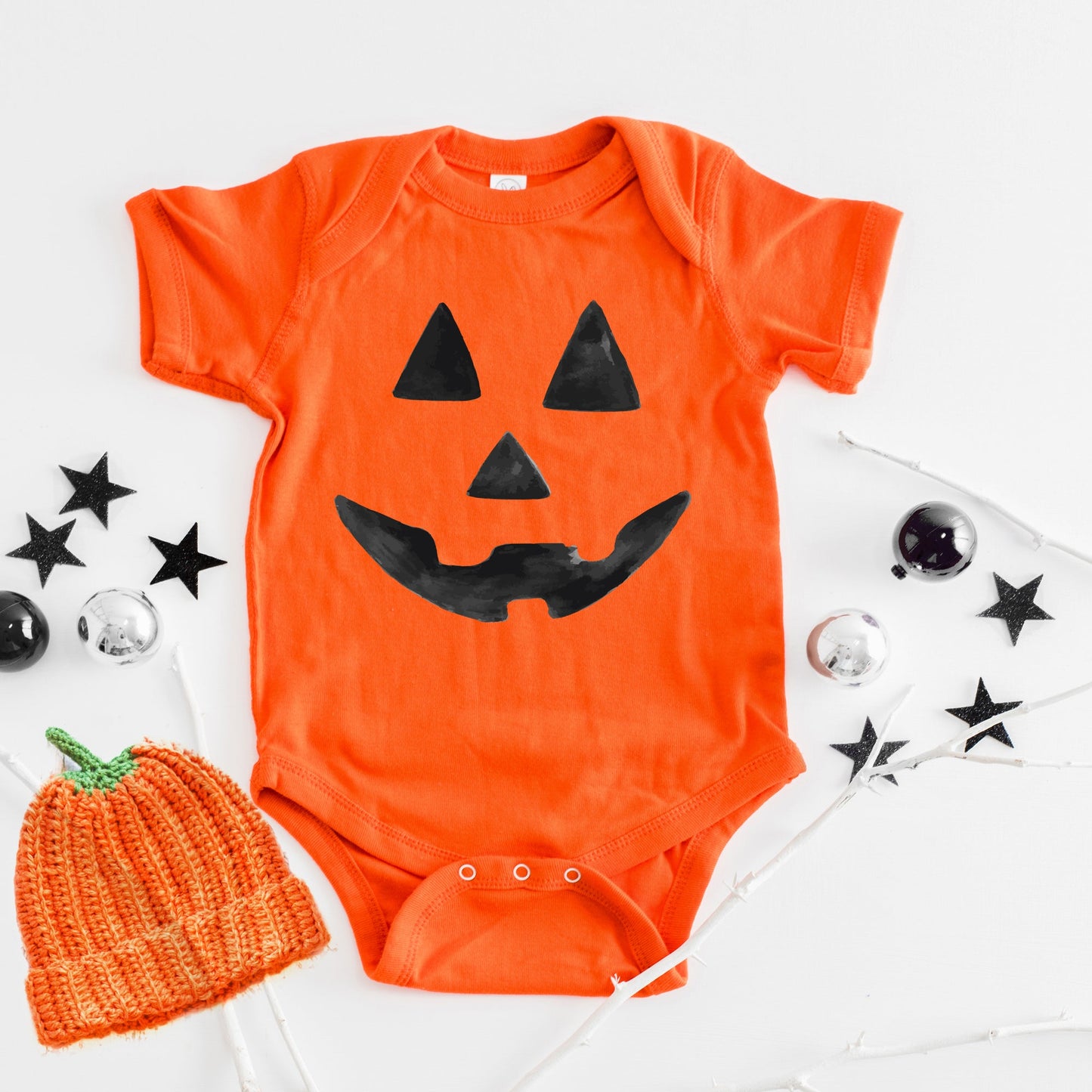 Watercolor Jack-O-Lantern Face | Baby Graphic Short Sleeve Bodysuit