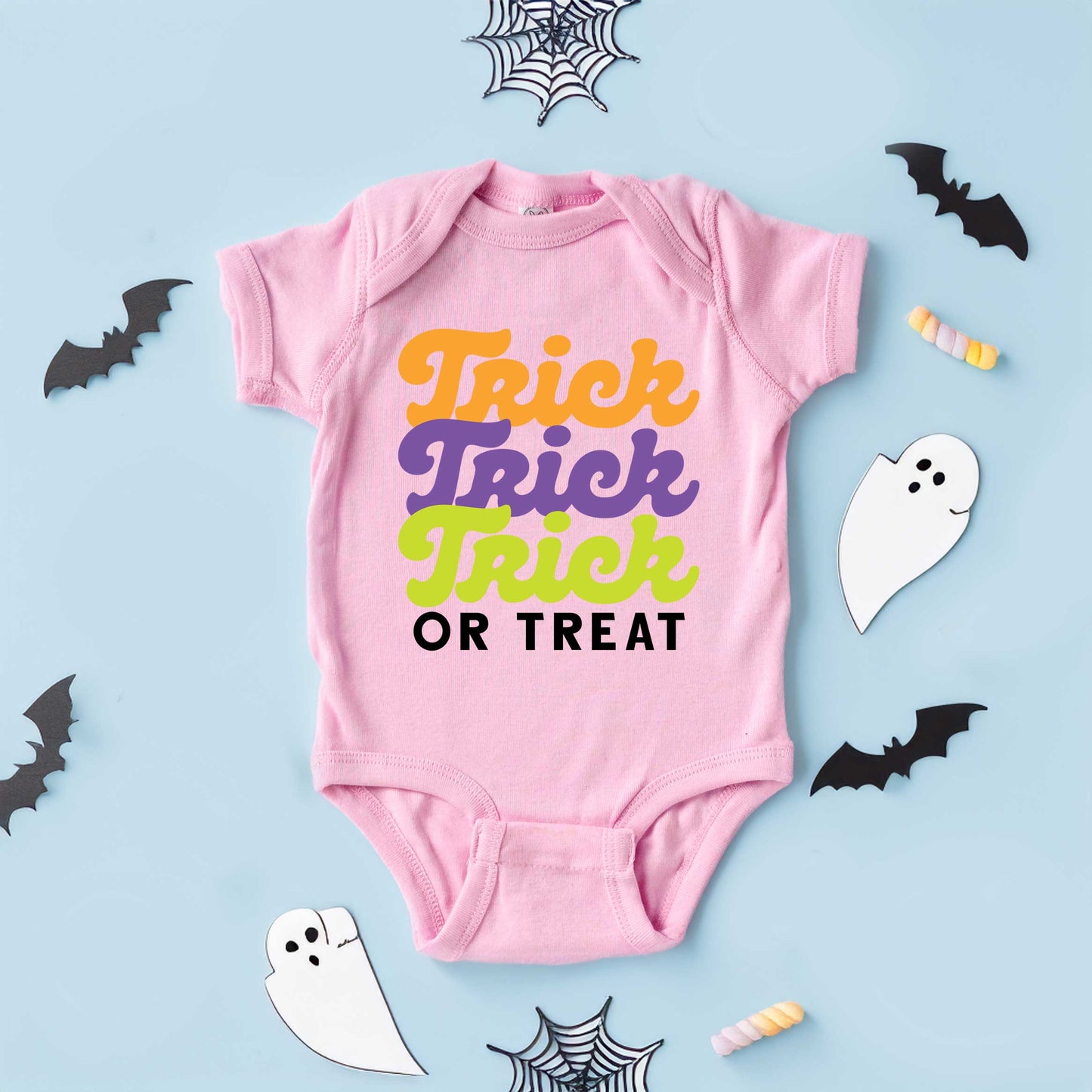 Trick Or Treat Colorful Stacked | Baby Graphic Short Sleeve Bodysuit