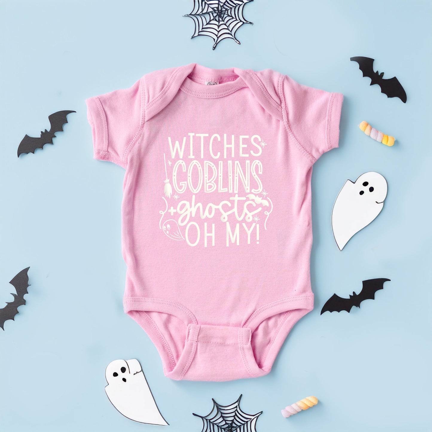 Witches Goblins Ghosts Puff Print | Baby Graphic Short Sleeve Bodysuit