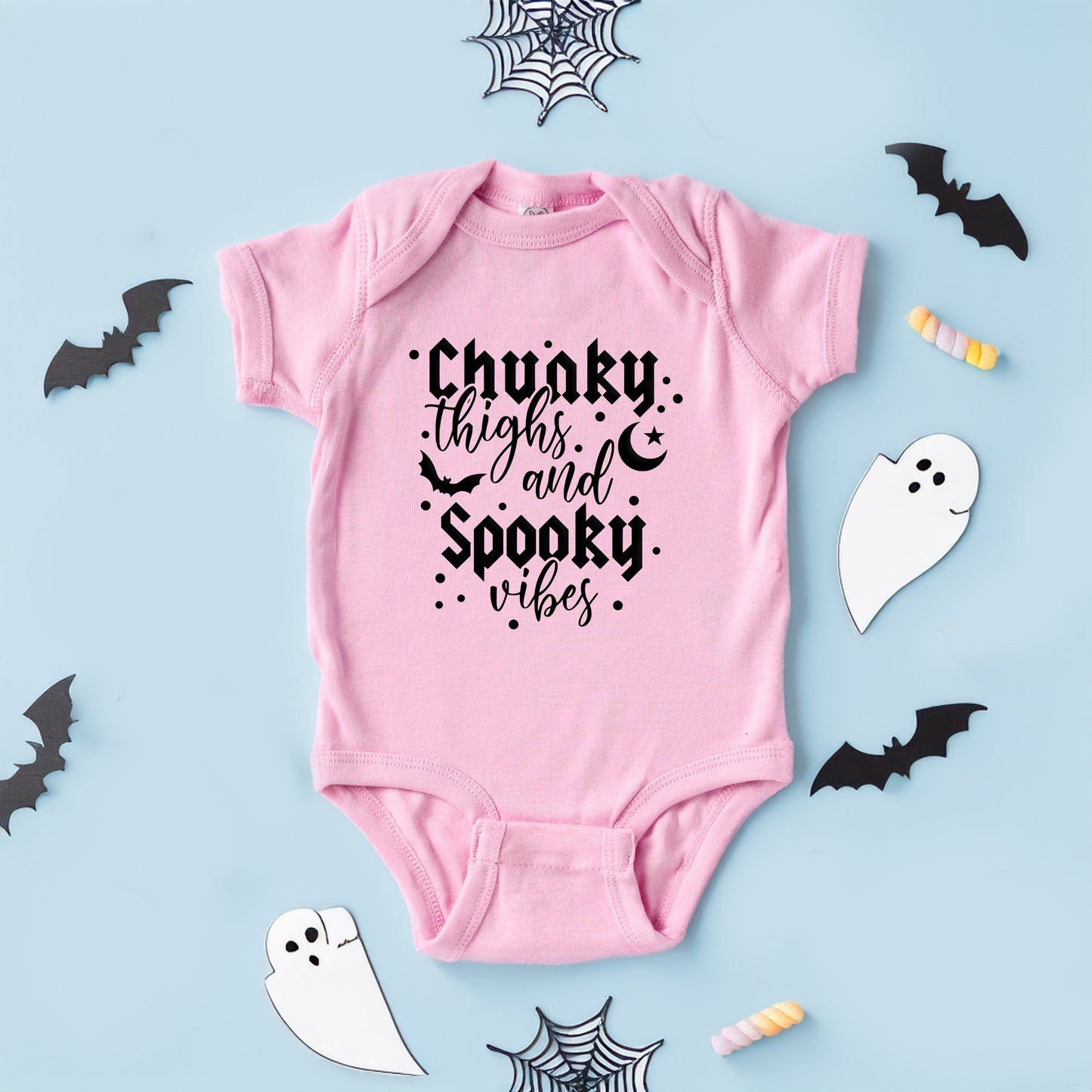 Chunky Thighs And Spooky Vibes Puff Print | Baby Graphic Short Sleeve Bodysuit