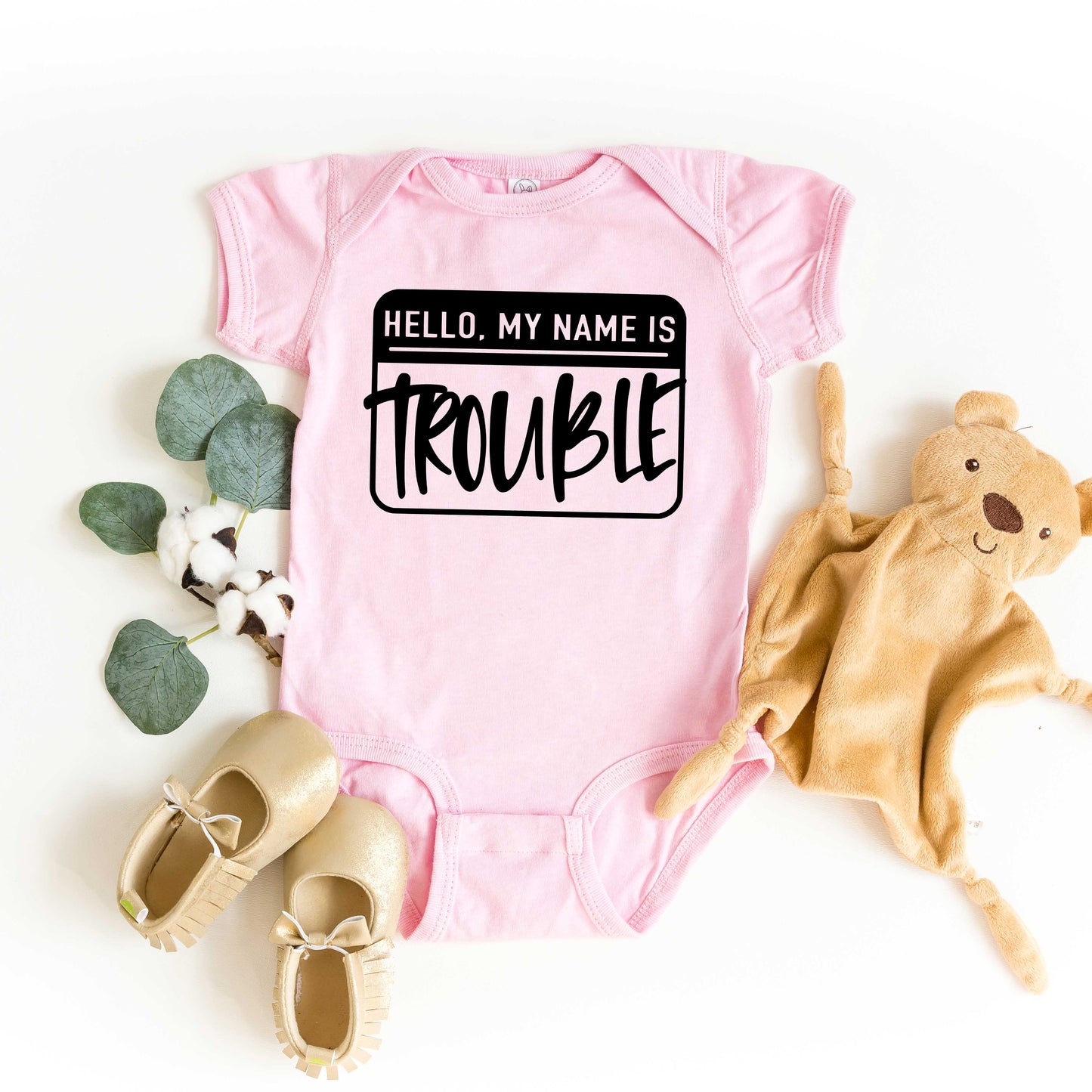 Hello My Name Is Trouble | Baby Graphic Short Sleeve Bodysuit