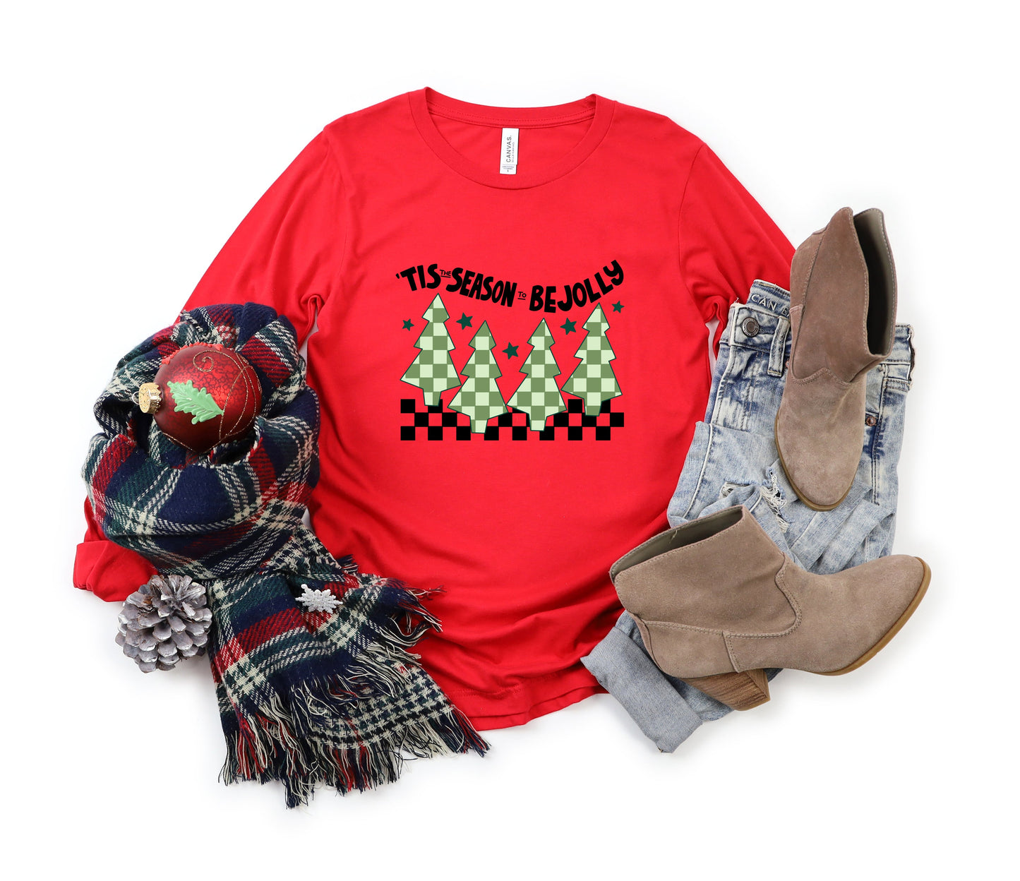 Be Jolly Checkered Tree | Long Sleeve Crew Neck