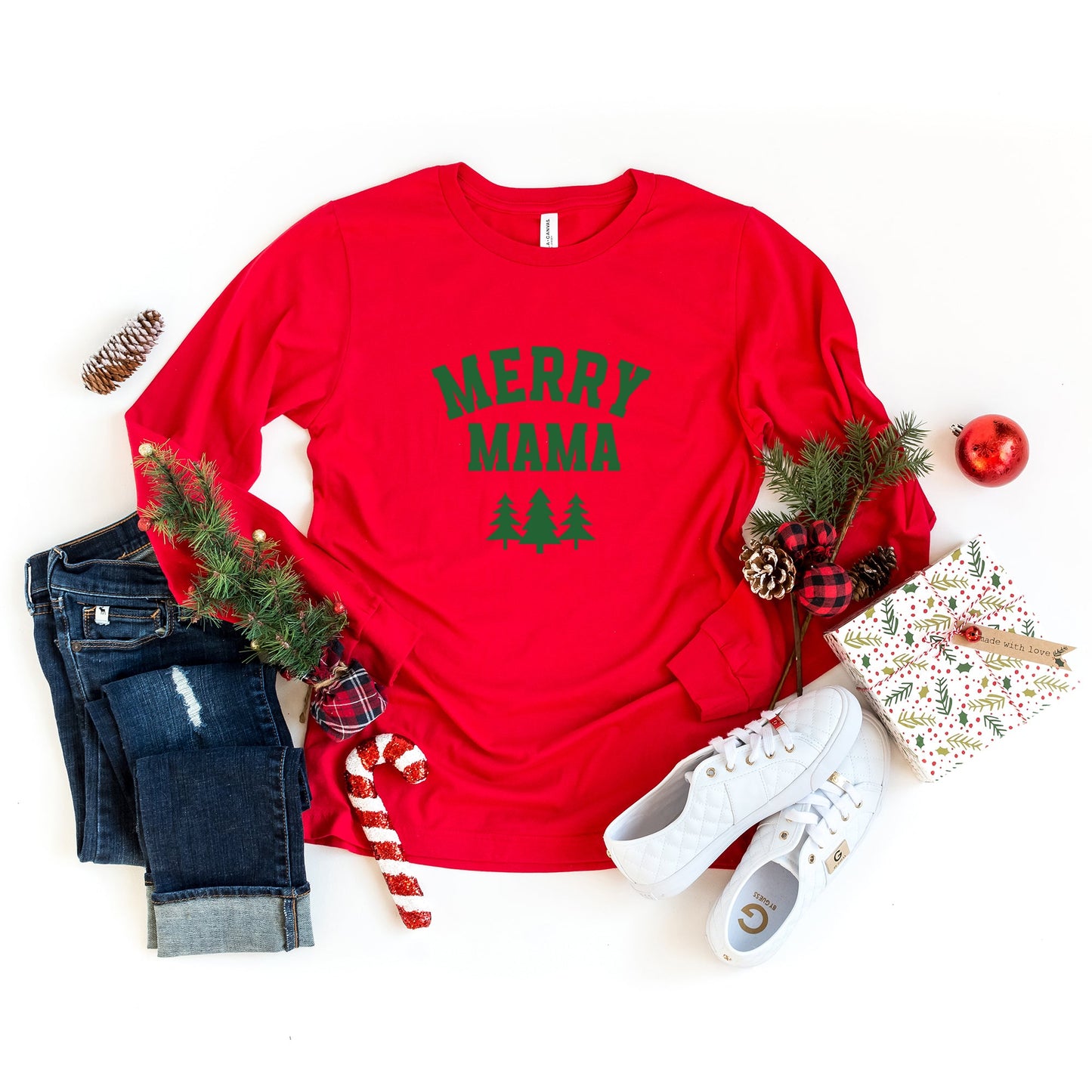 Merry Mama Pine Tree | Long Sleeve Crew Neck