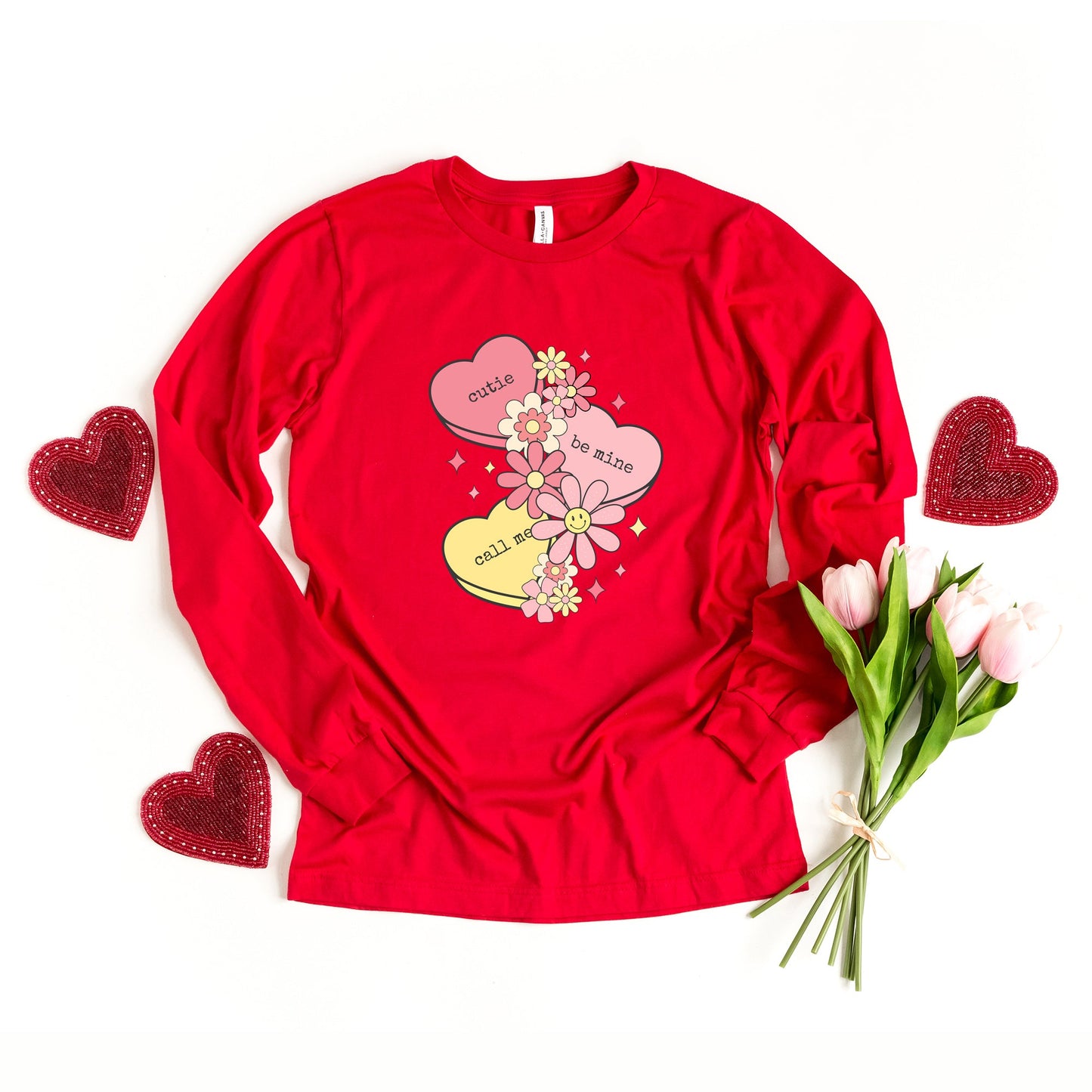 Retro Valentine Hearts | Long Sleeve Crew Neck