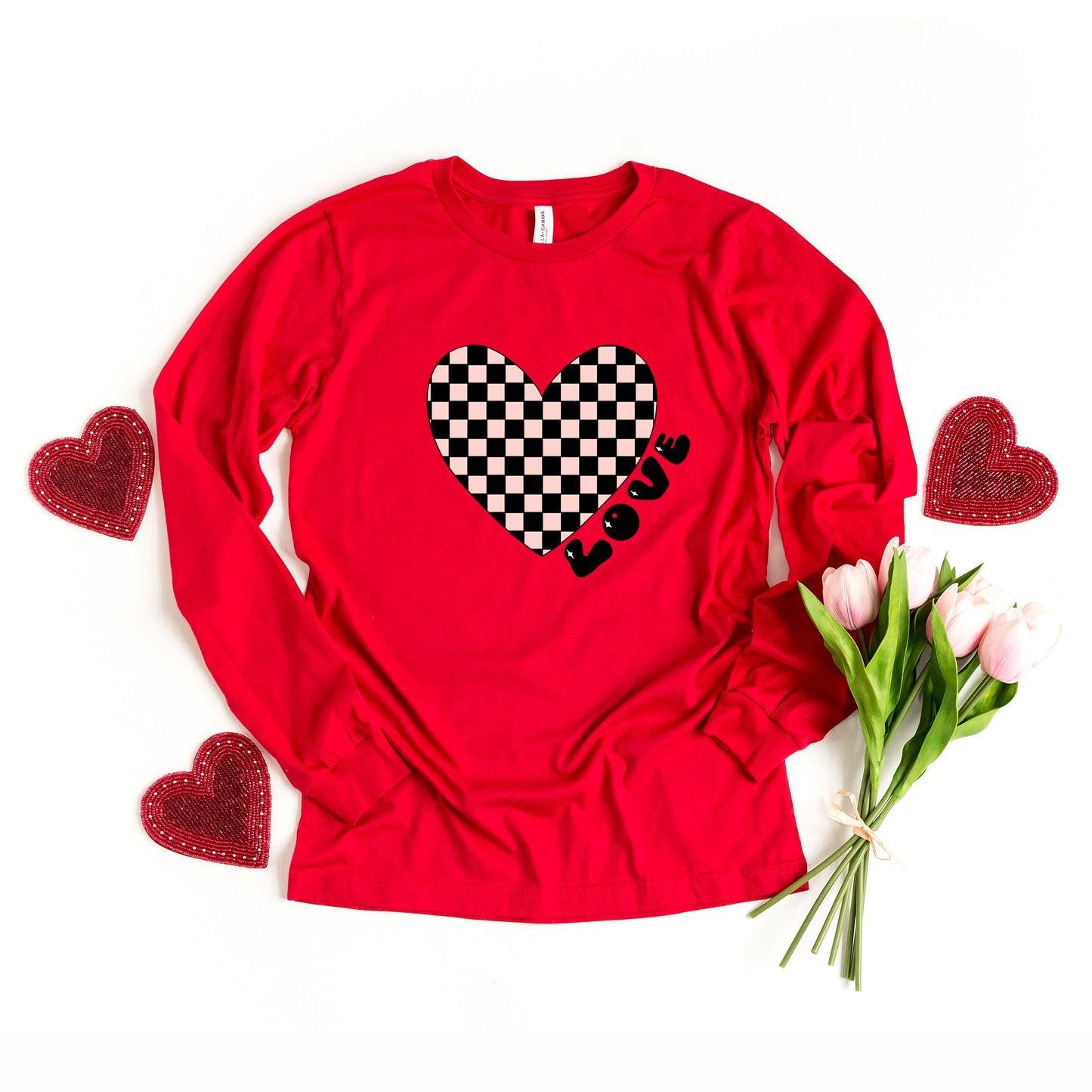 Checkered Heart Black | Long Sleeve Crew Neck