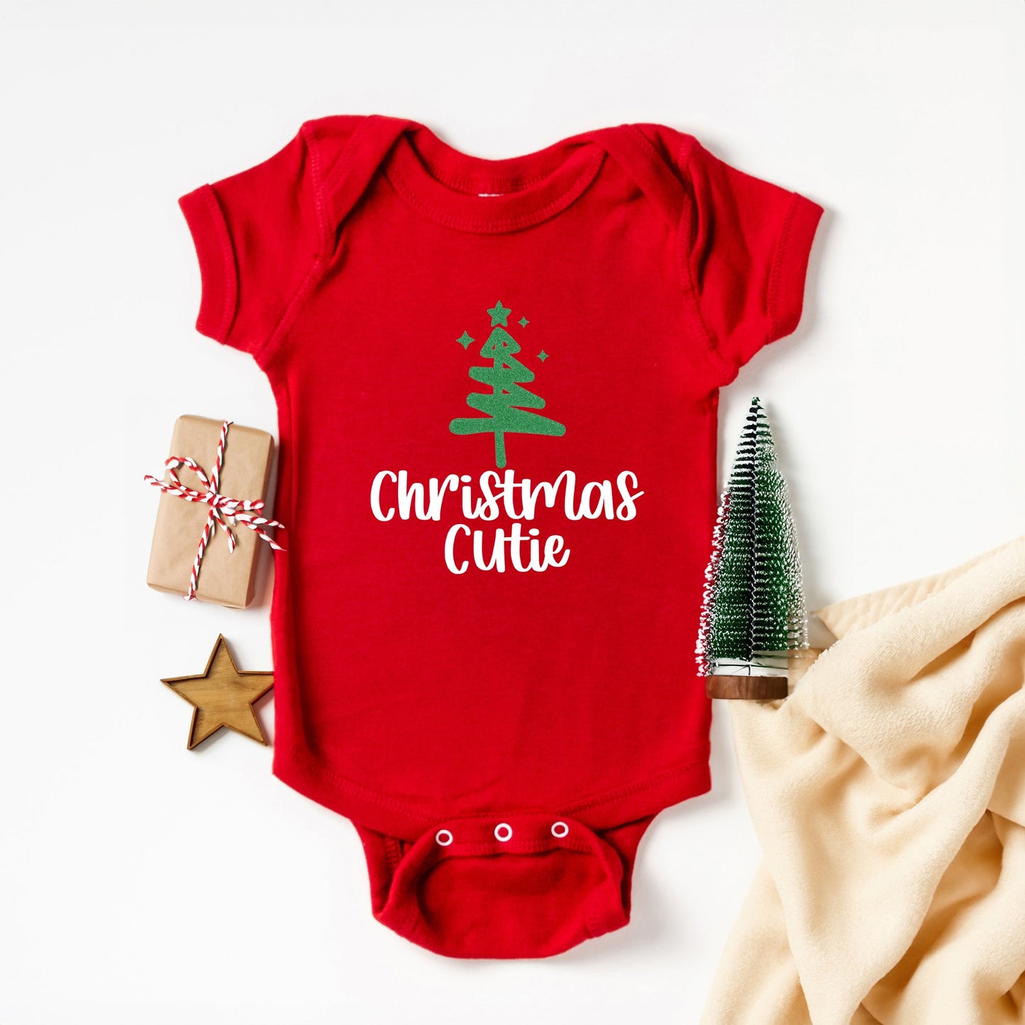 Christmas Cutie Tree Glitter | Baby Graphic Short Sleeve Bodysuit