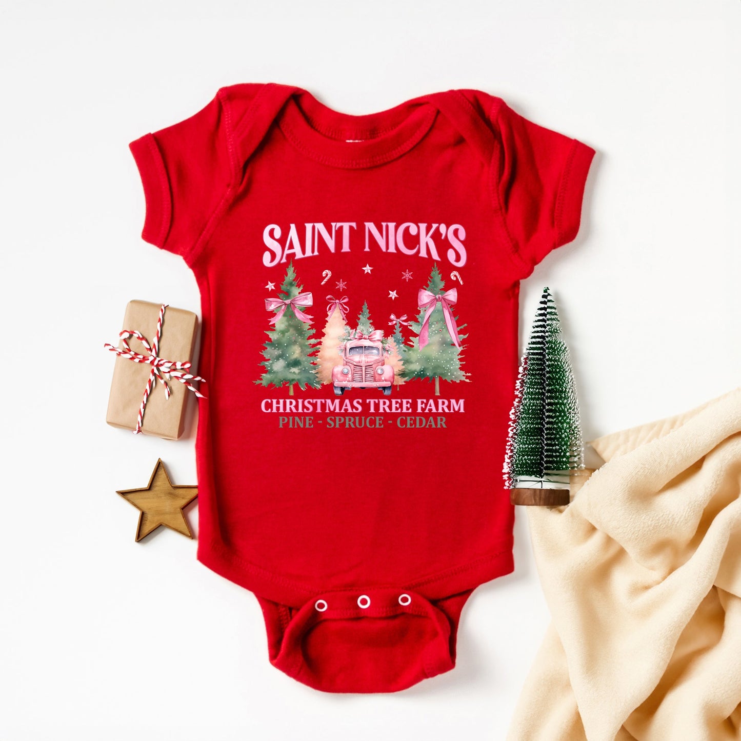 Coquette St. Nick's Tree Farm | Baby Graphic Short Sleeve Bodysuit