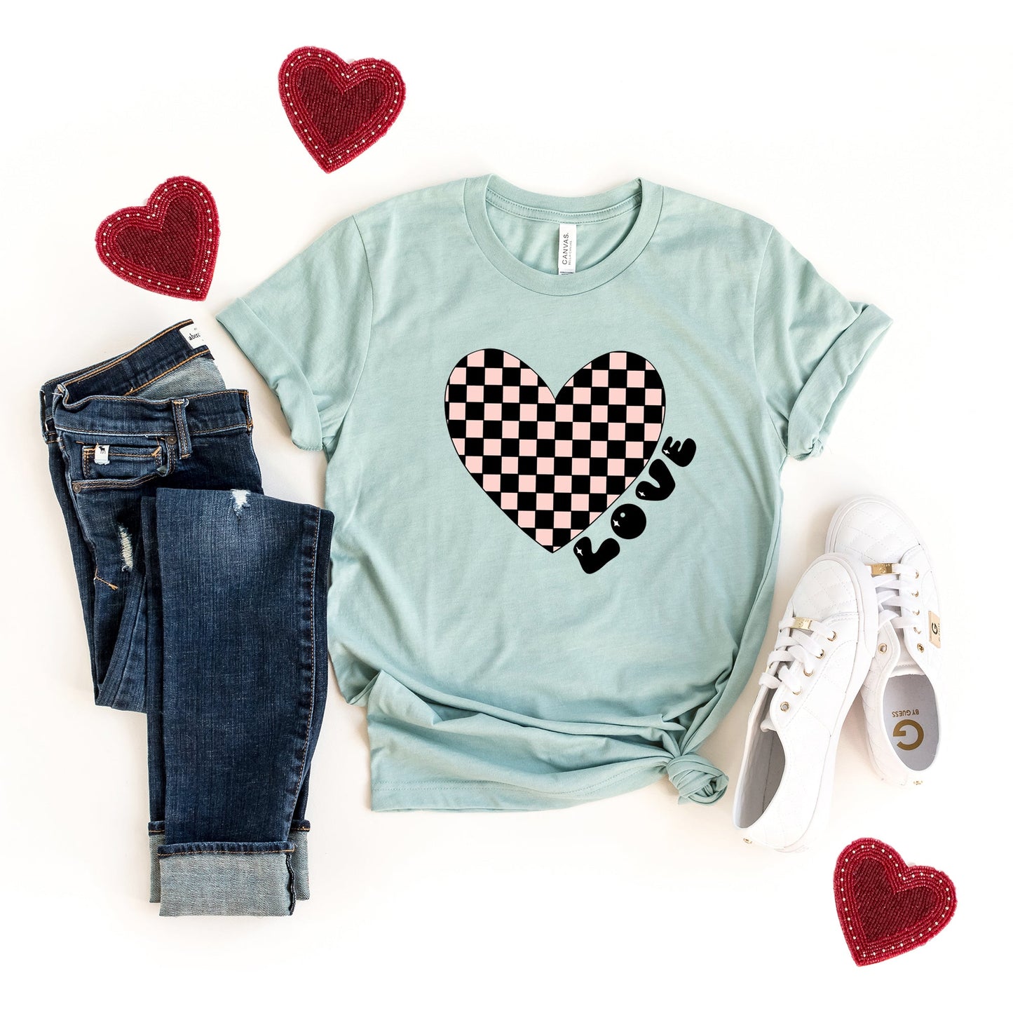 Checkered Heart Black | Short Sleeve Crew Neck