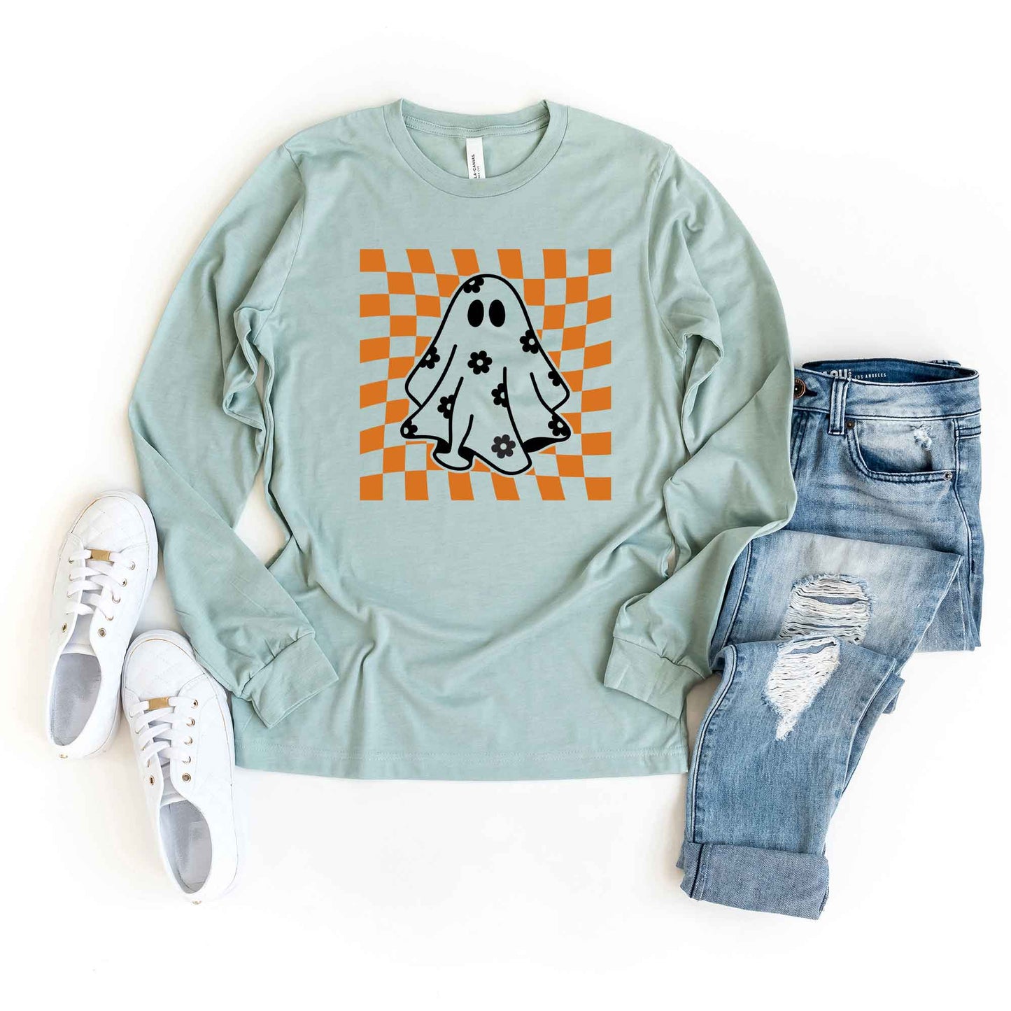 Checkered Flower Ghost | Long Sleeve Crew Neck