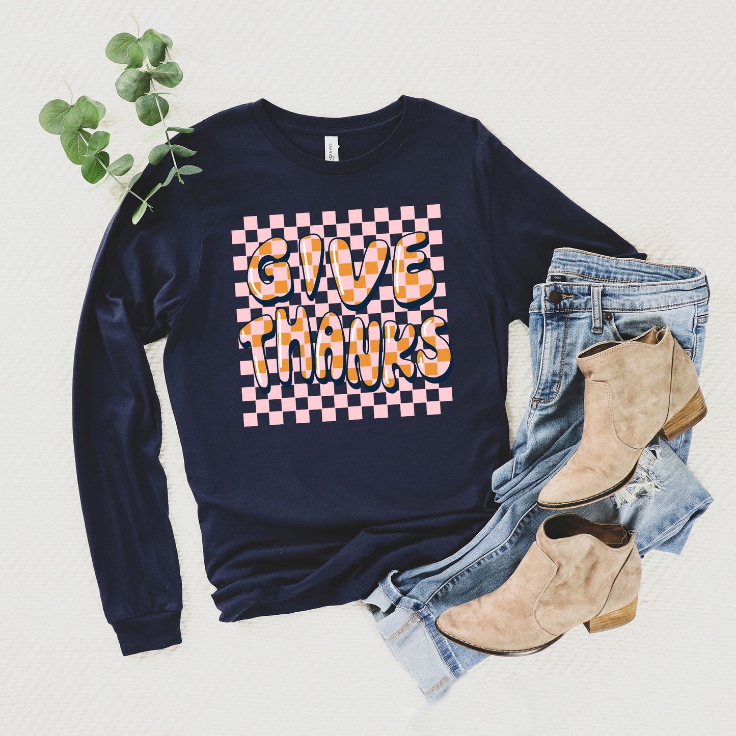 Give Thanks Checkered | Long Sleeve Crew Neck