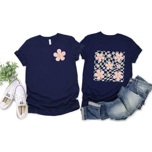 Wavy Checkered Flowers | Short Sleeve Crew Neck