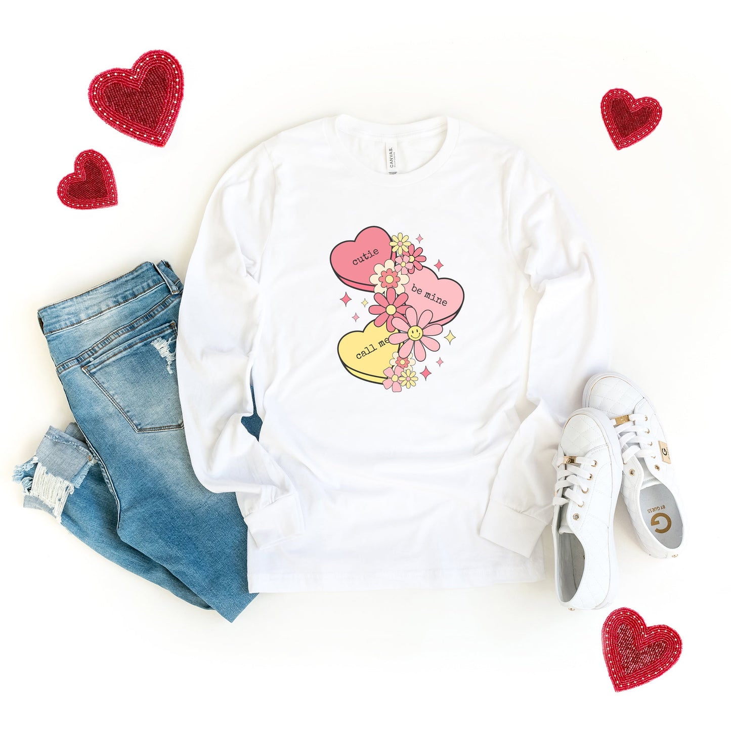 Retro Valentine Hearts | Long Sleeve Crew Neck