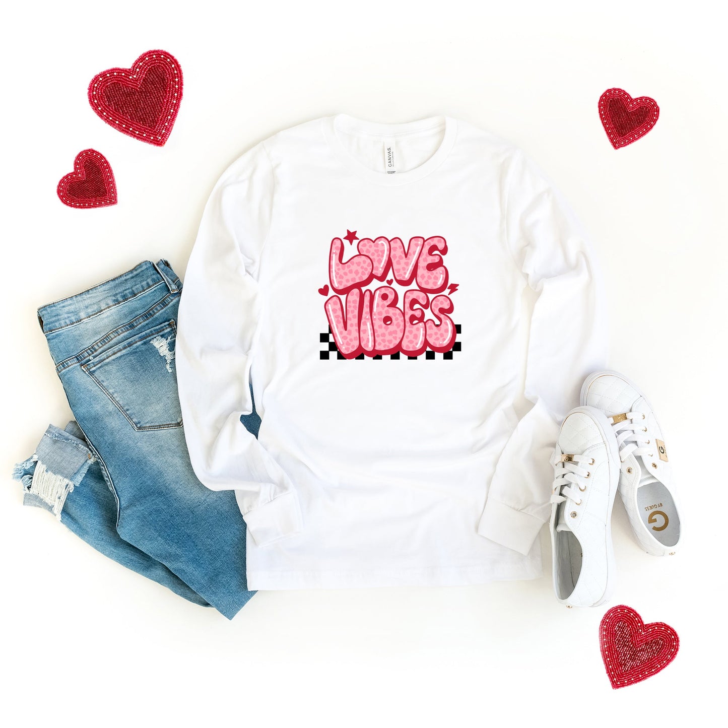 Love Vibes Stars Checkered | Long Sleeve Crew Neck