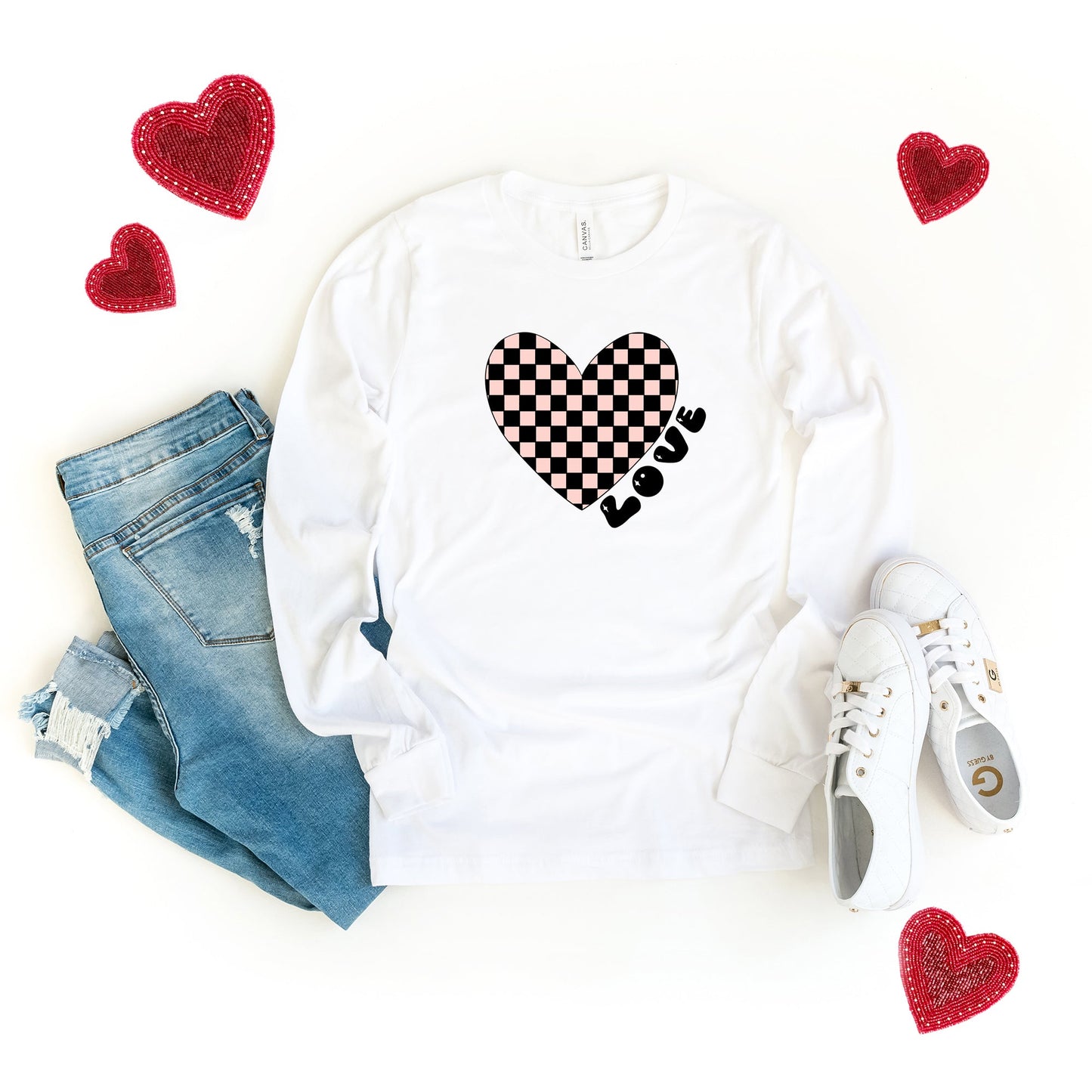 Checkered Heart Black | Long Sleeve Crew Neck