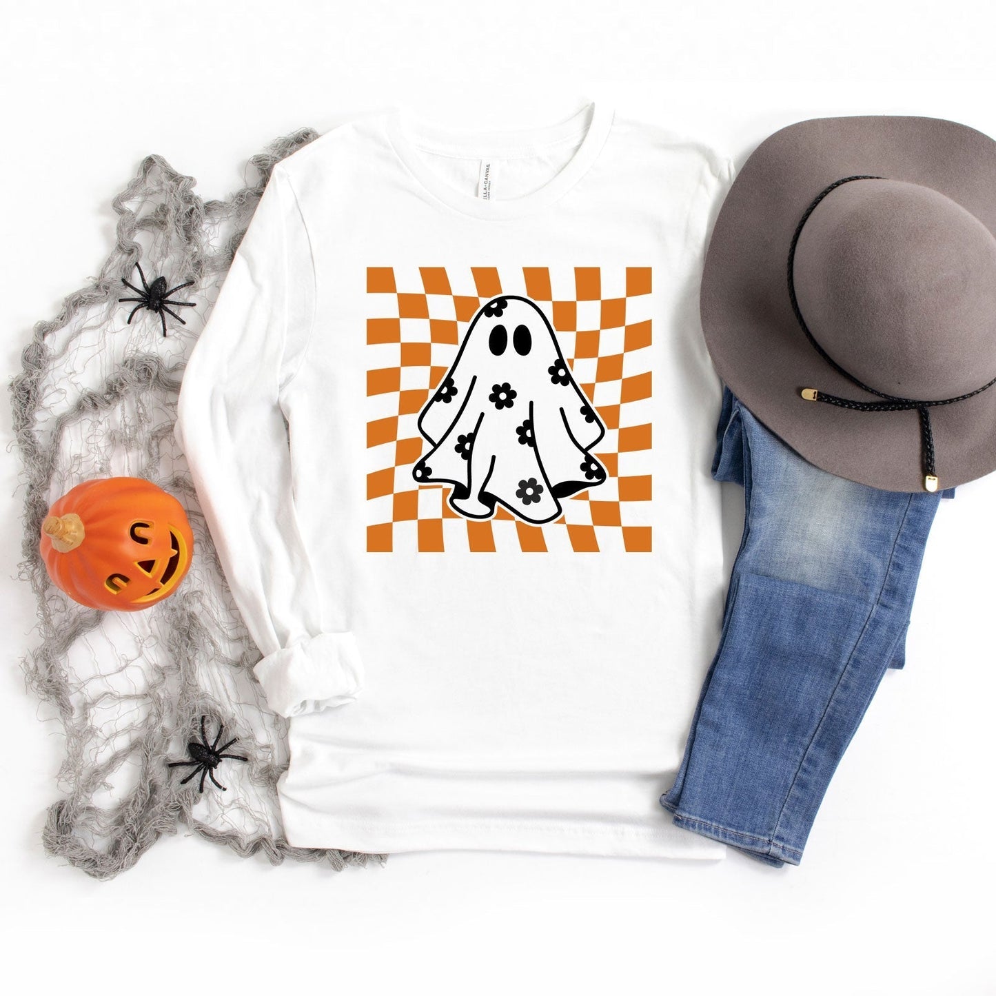 Checkered Flower Ghost | Long Sleeve Crew Neck