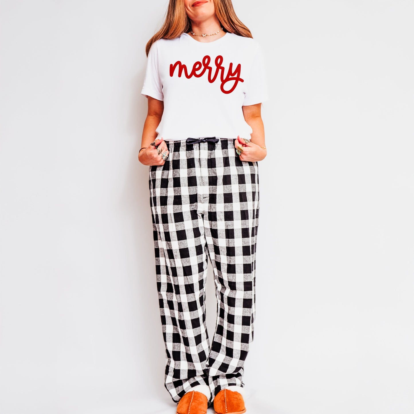 Merry Bold Cursive Puff Print | Plaid Pajama Set